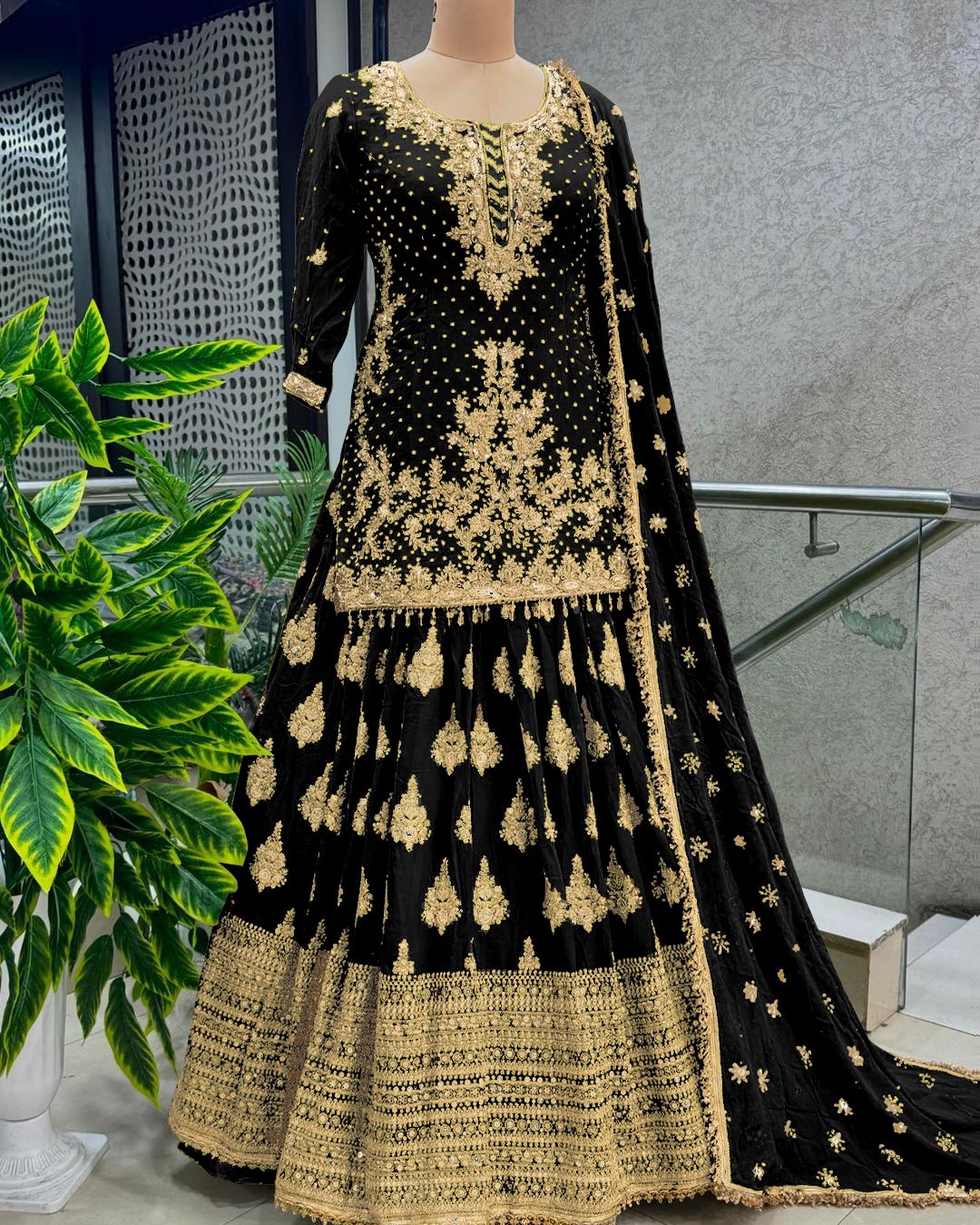 Presenting Embroidery Sequence Work Black Color Sharara Suit