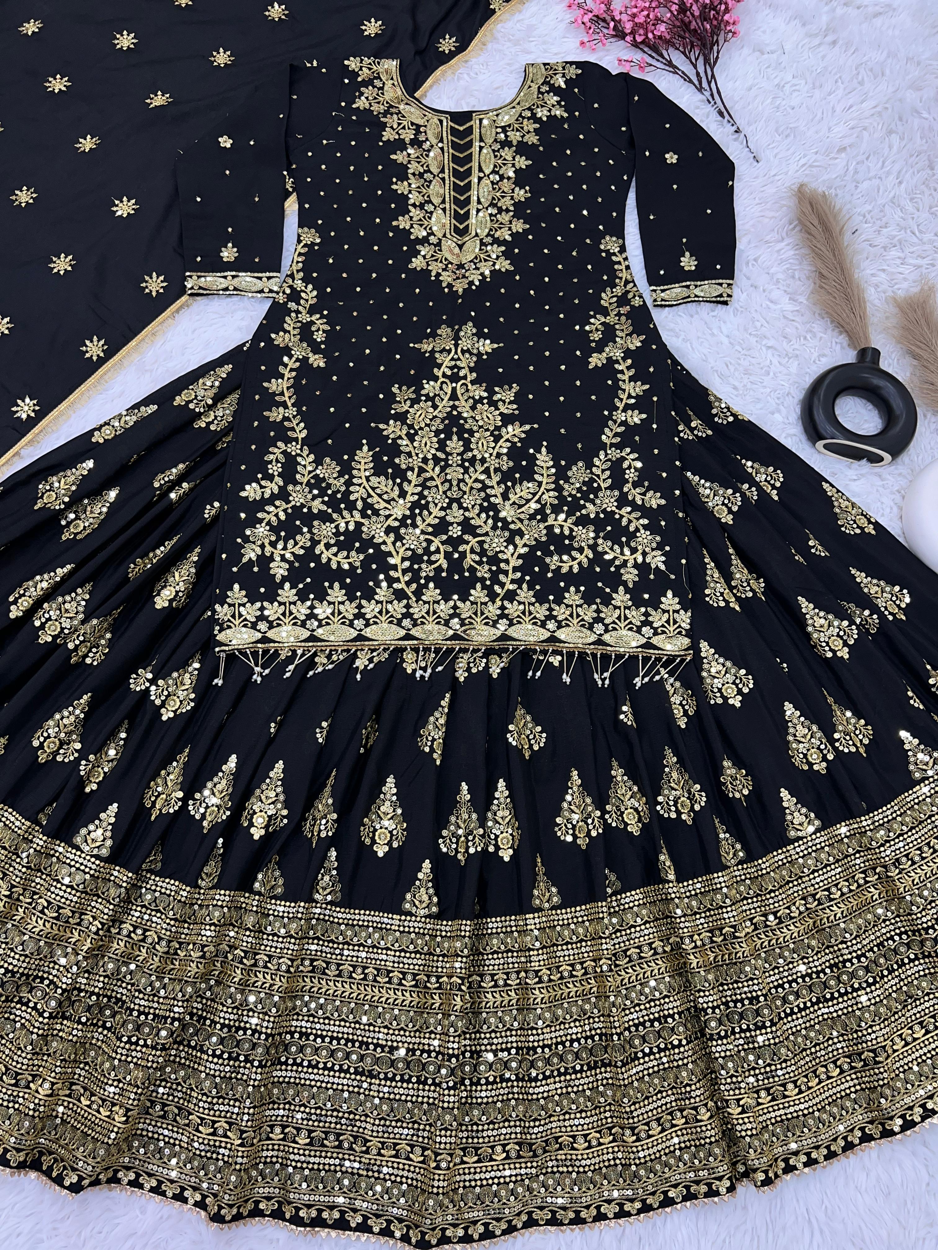 Presenting Embroidery Sequence Work Black Color Sharara Suit