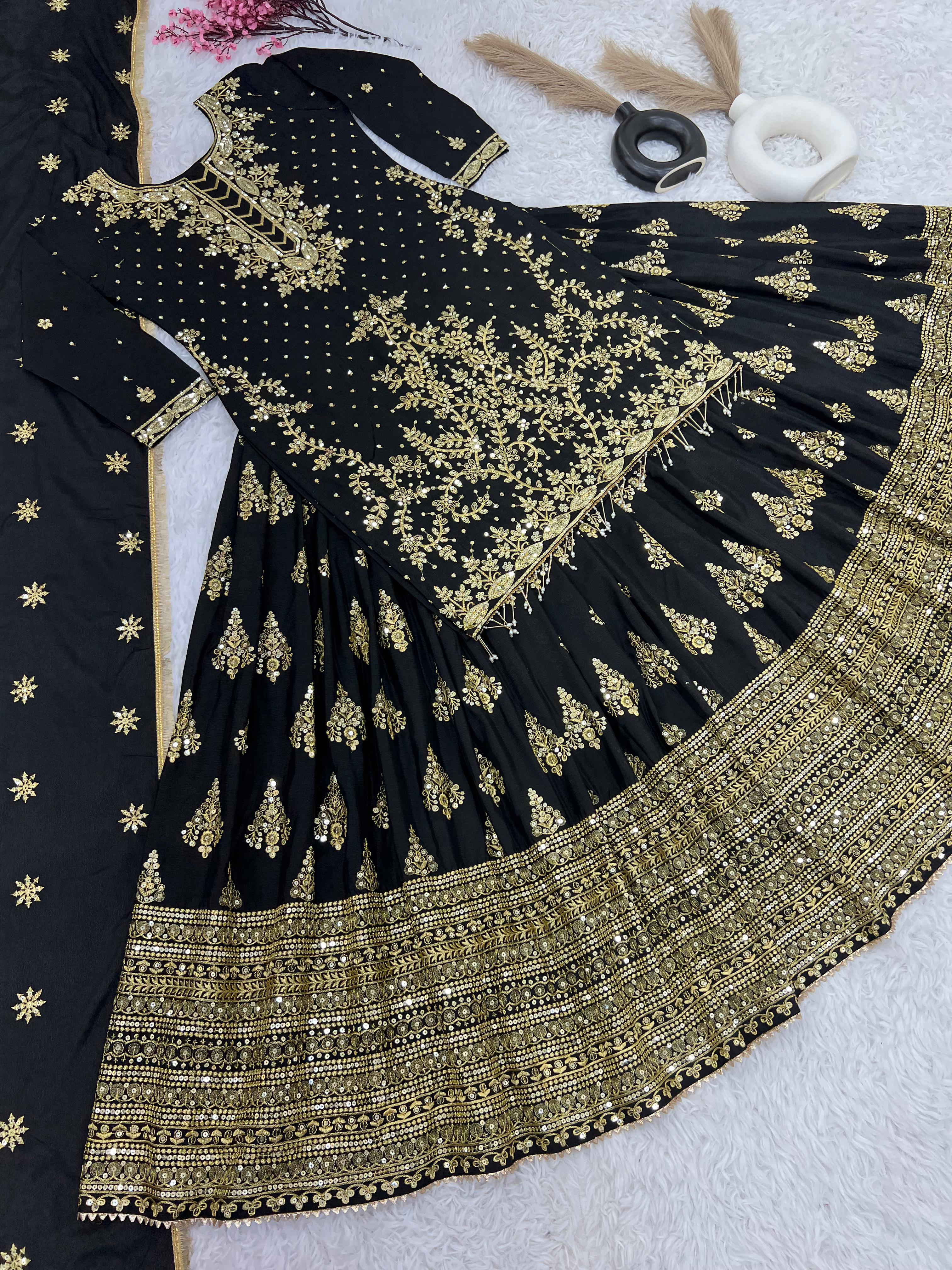 Presenting Embroidery Sequence Work Black Color Sharara Suit