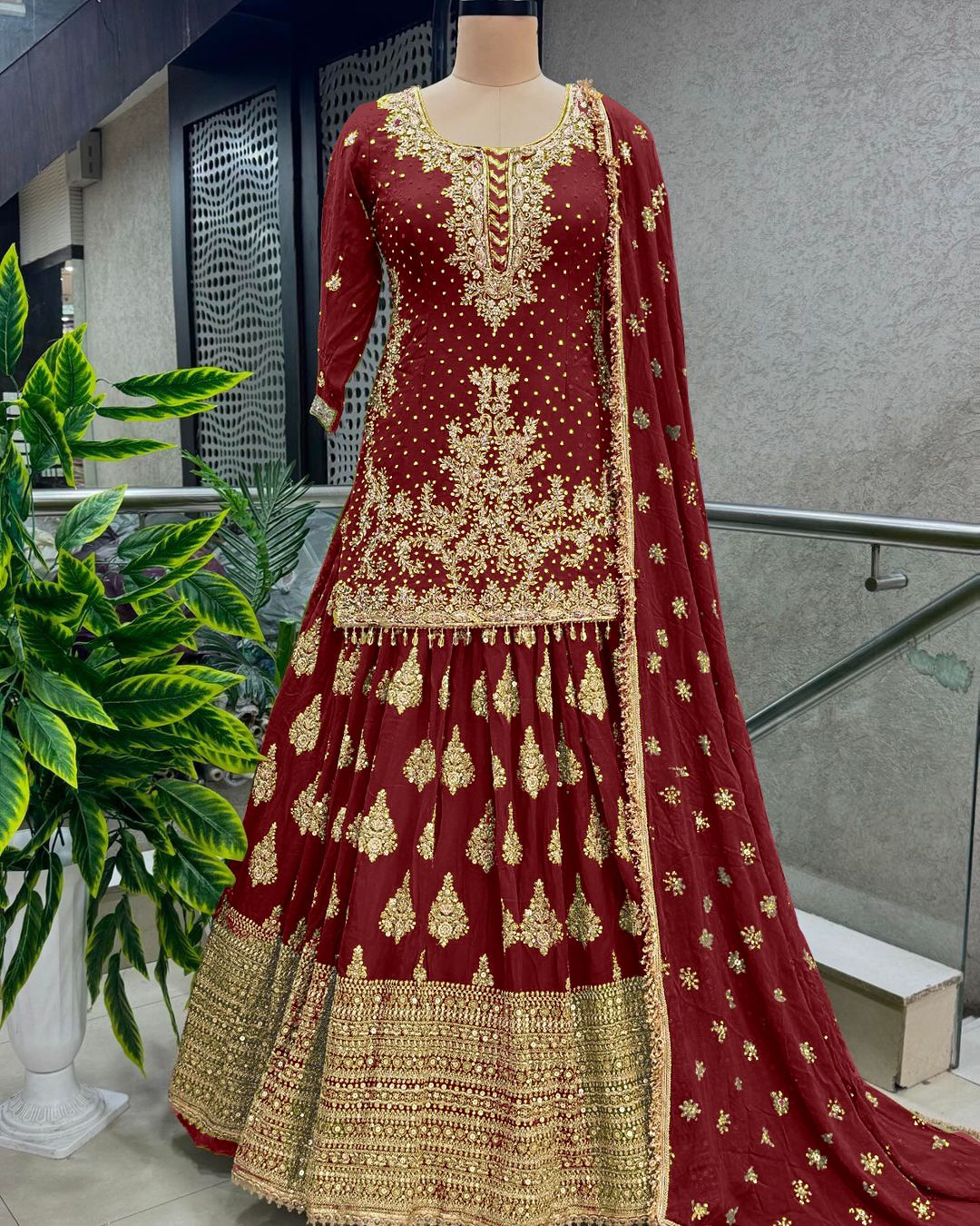 Presenting Embroidery Sequence Work Maroon Color Sharara Suit