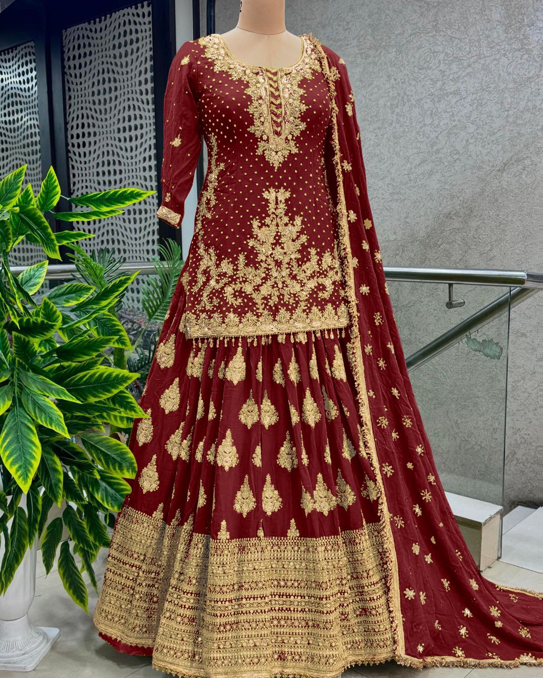 Presenting Embroidery Sequence Work Maroon Color Sharara Suit