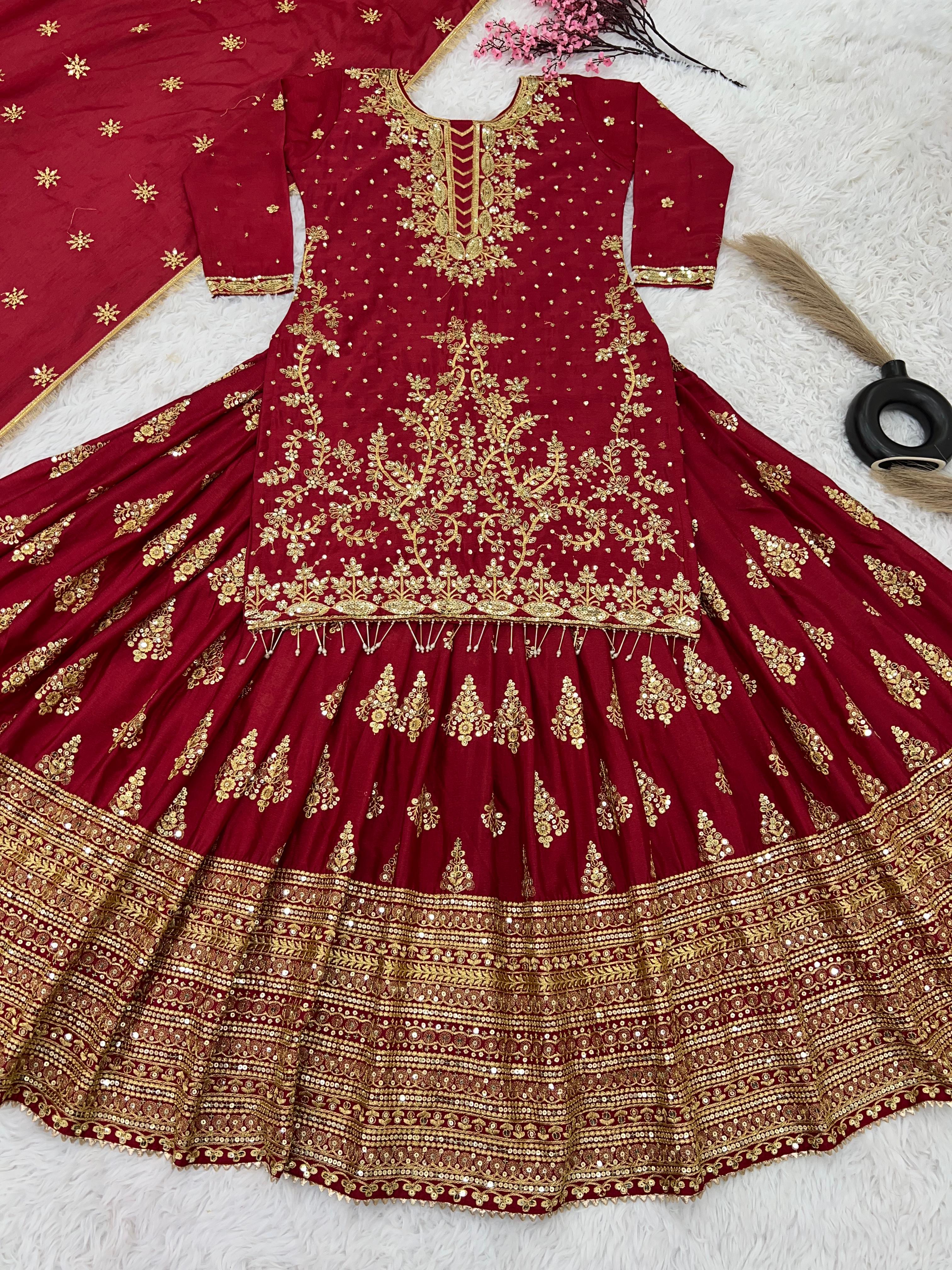 Presenting Embroidery Sequence Work Maroon Color Sharara Suit