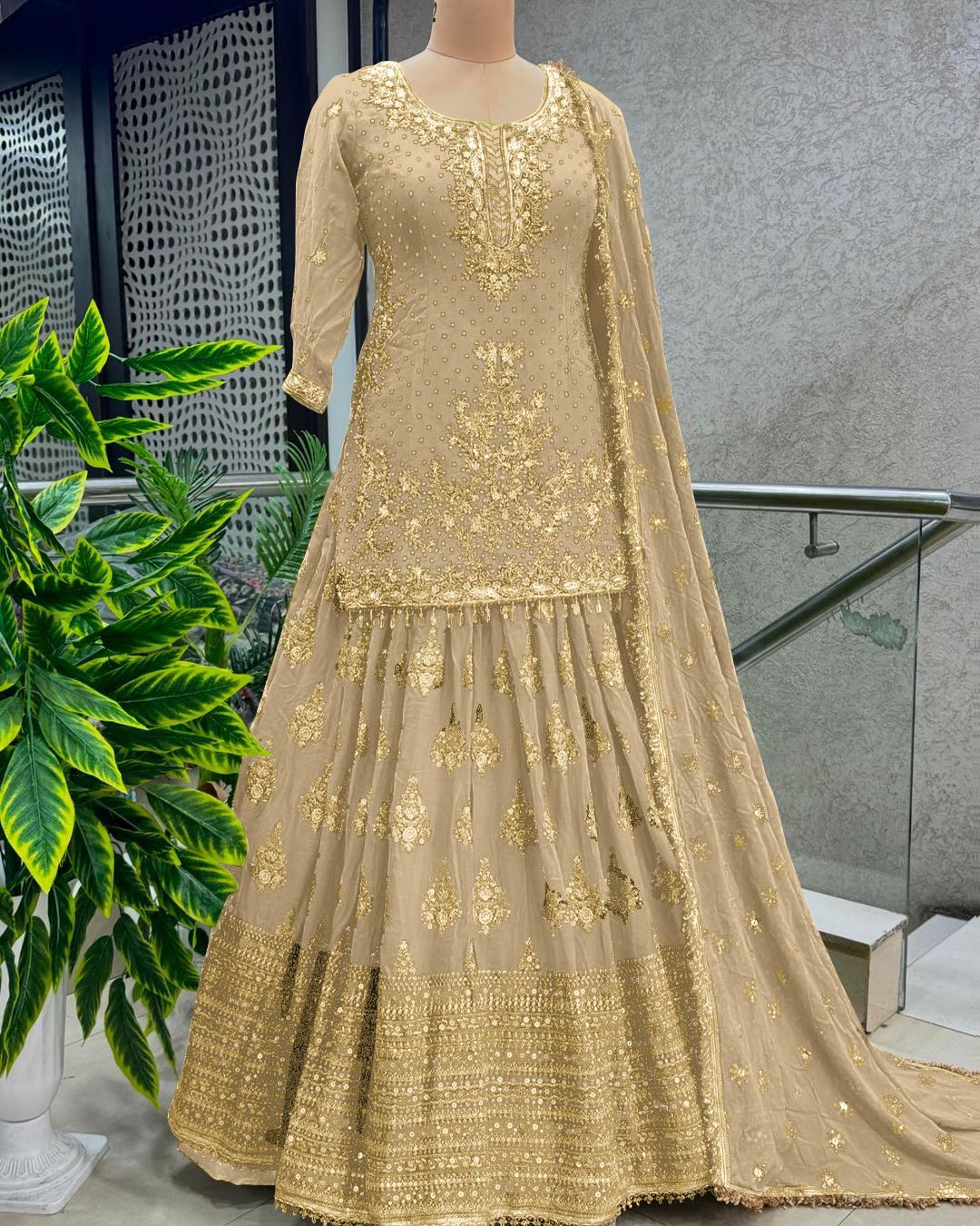 Presenting Embroidery Sequence Work Beige Color Sharara Suit