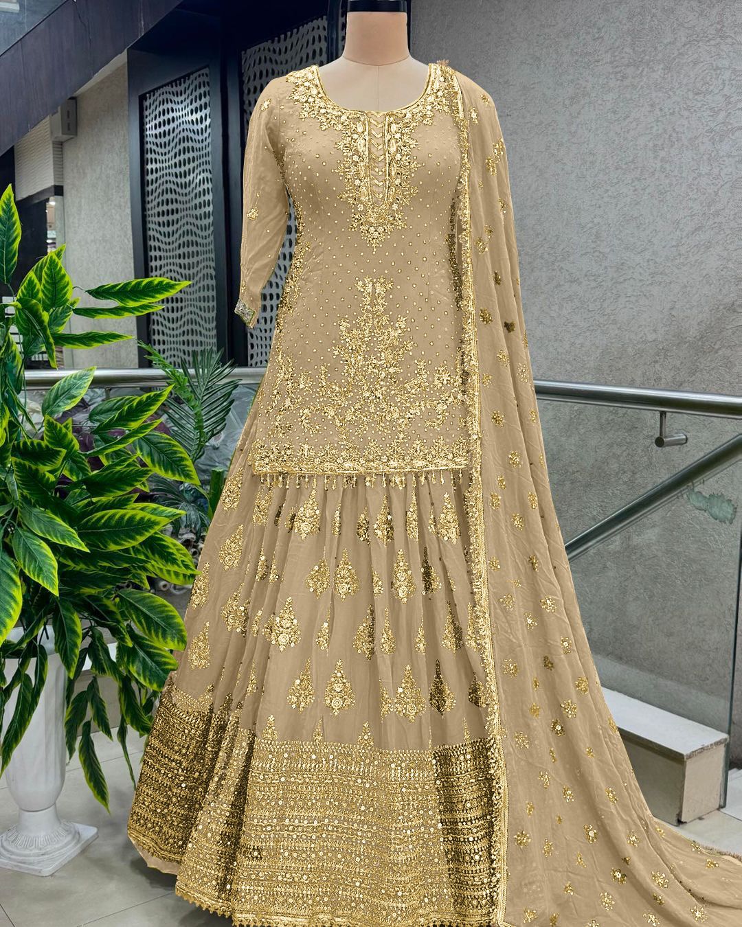 Presenting Embroidery Sequence Work Beige Color Sharara Suit