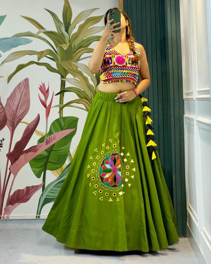 Precious Cotton Silk Mehndi Color Lehenga Choli