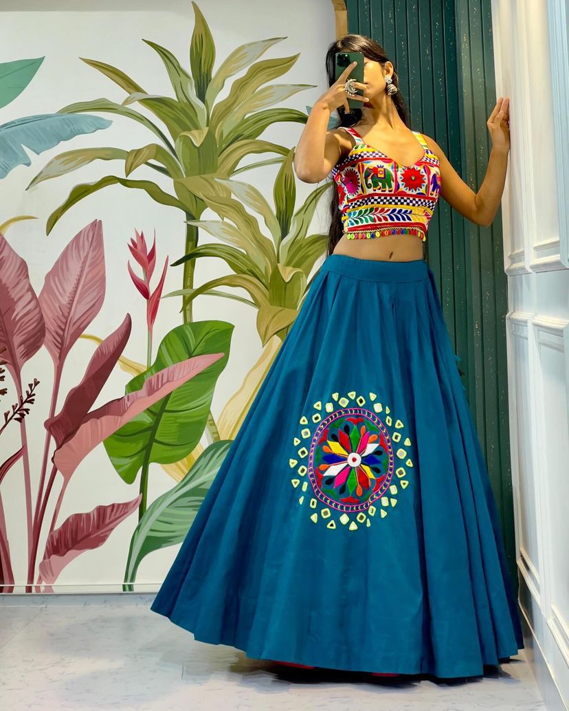 Precious Cotton Silk Sky Blue Color Lehenga Choli