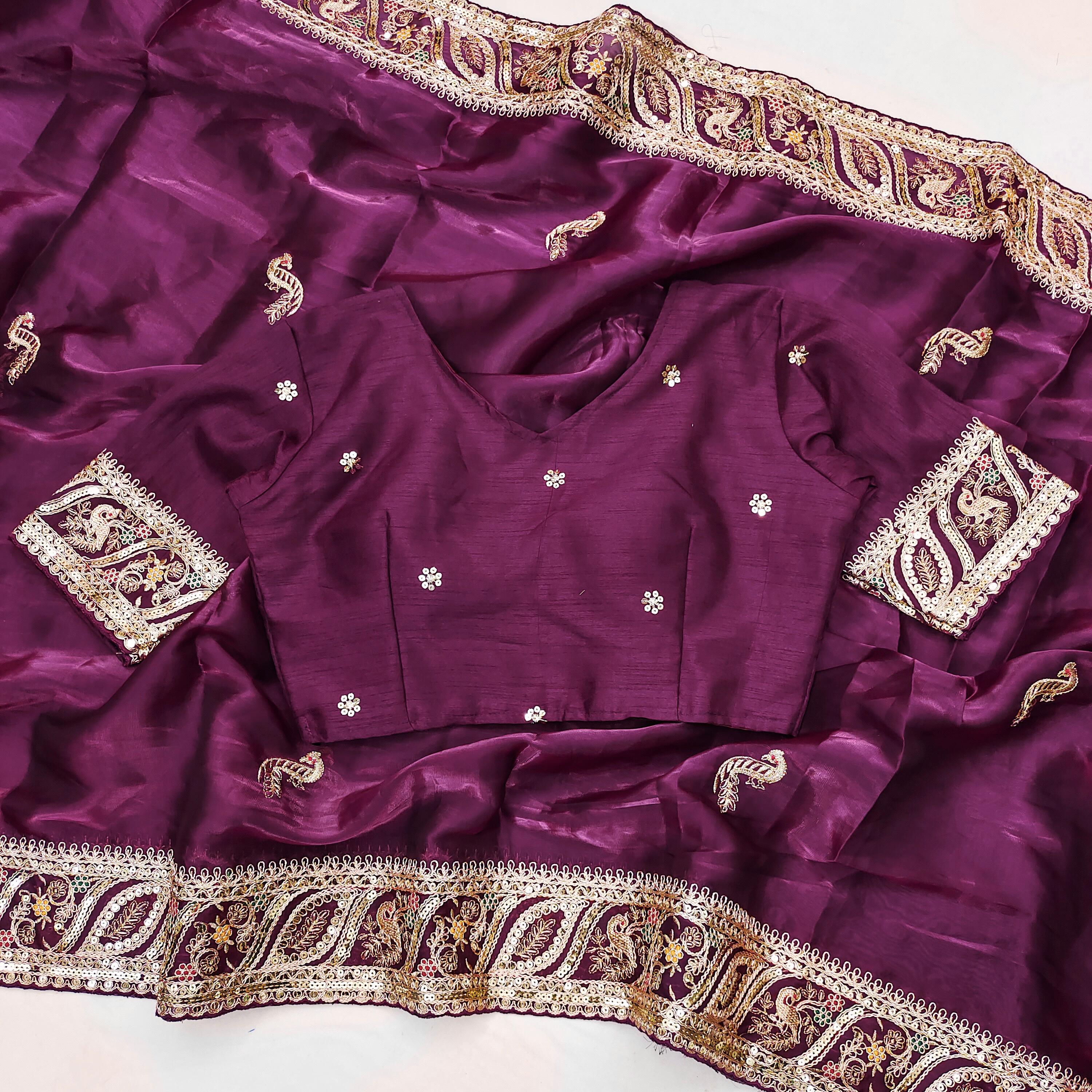 Beautiful Cut Work Border Wine Color Multi Thread Saree