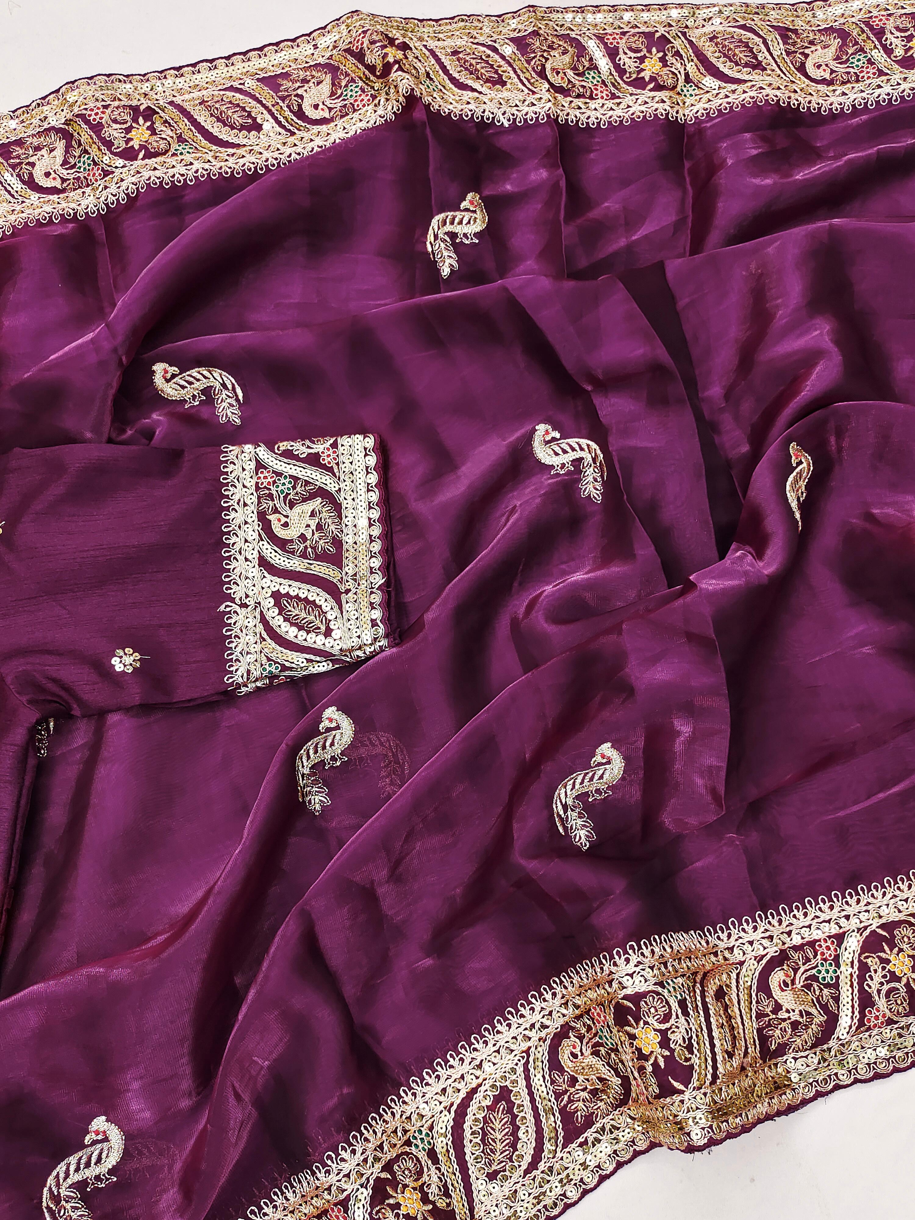 Beautiful Cut Work Border Wine Color Multi Thread Saree