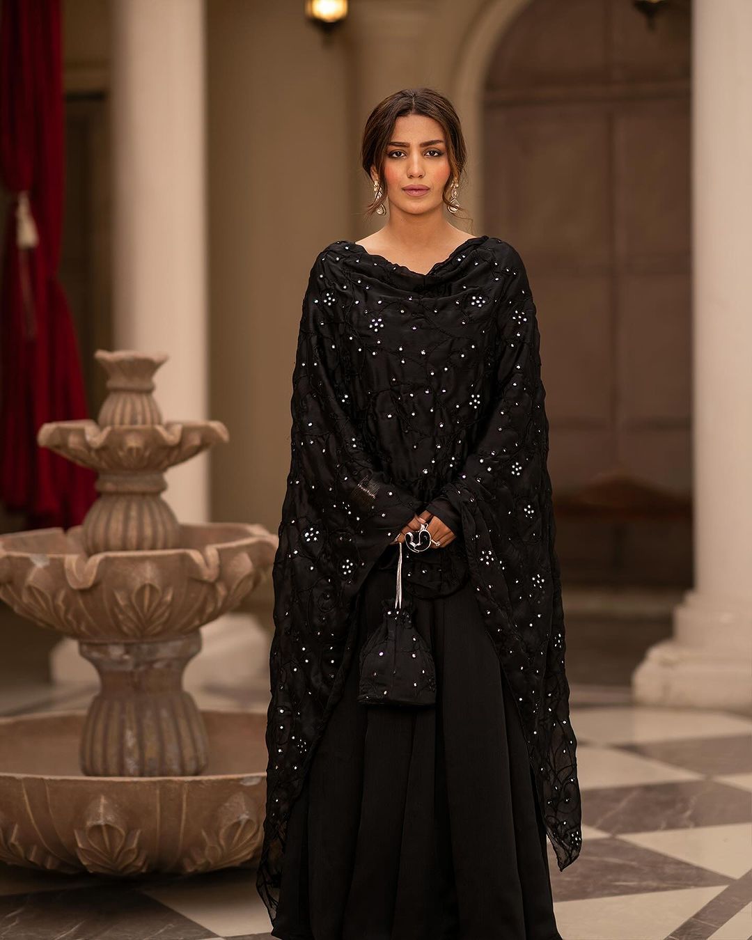 Shining Black Plain Long Gown With Work Dupatta