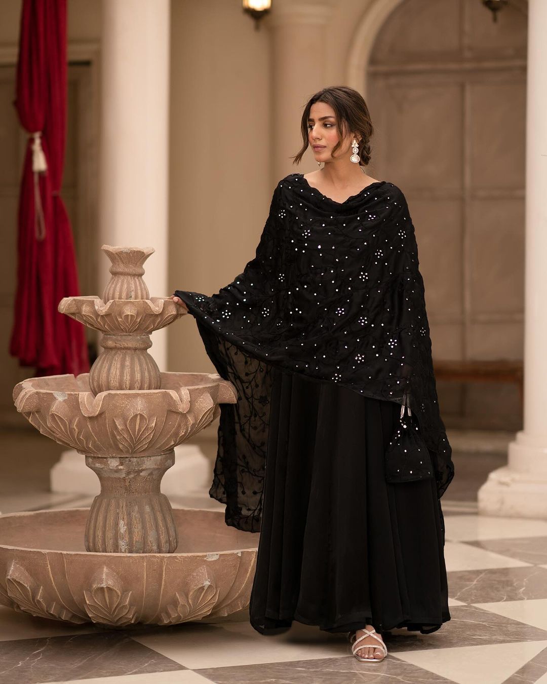 Shining Black Plain Long Gown With Work Dupatta