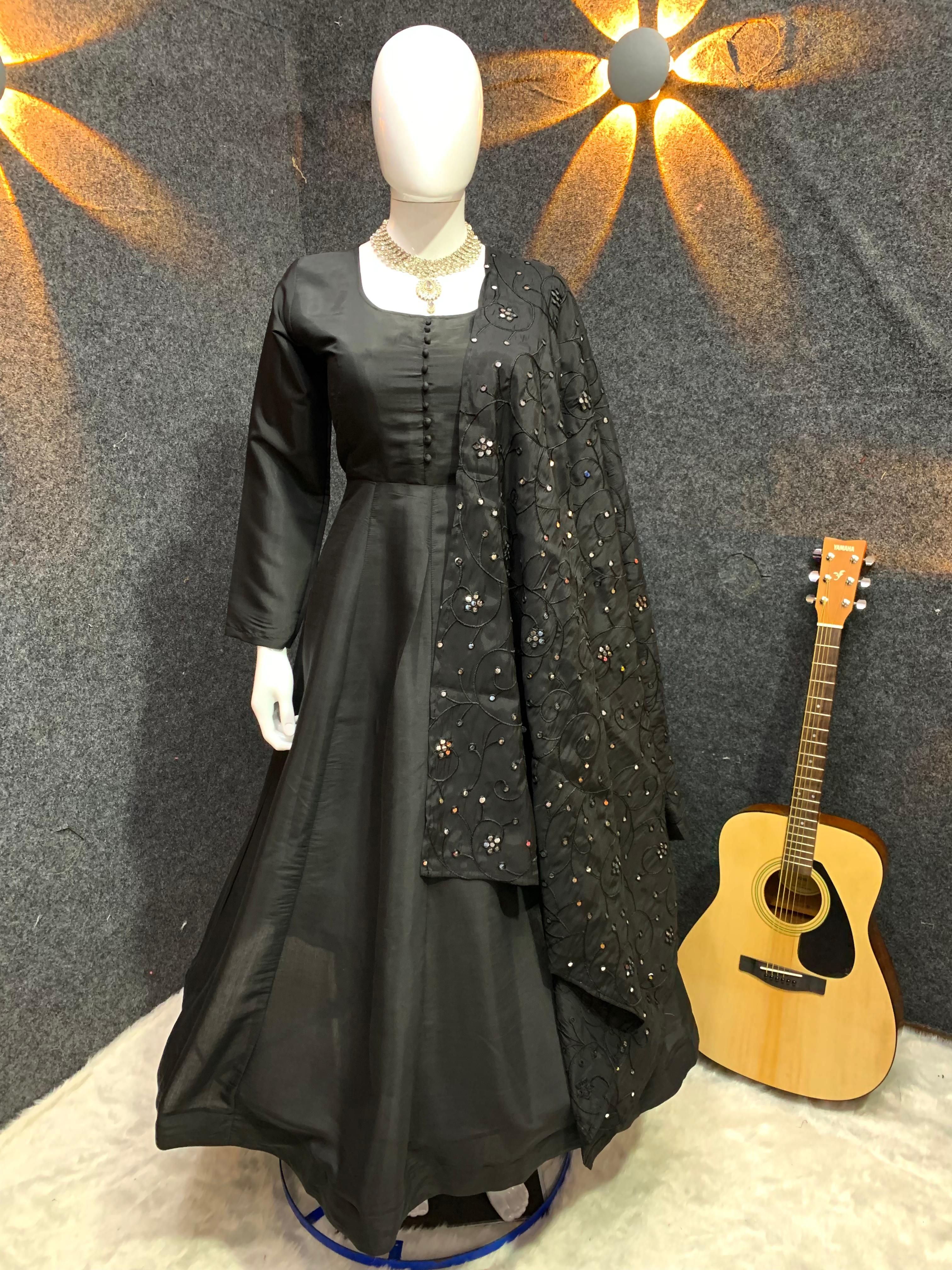 Shining Black Plain Long Gown With Work Dupatta