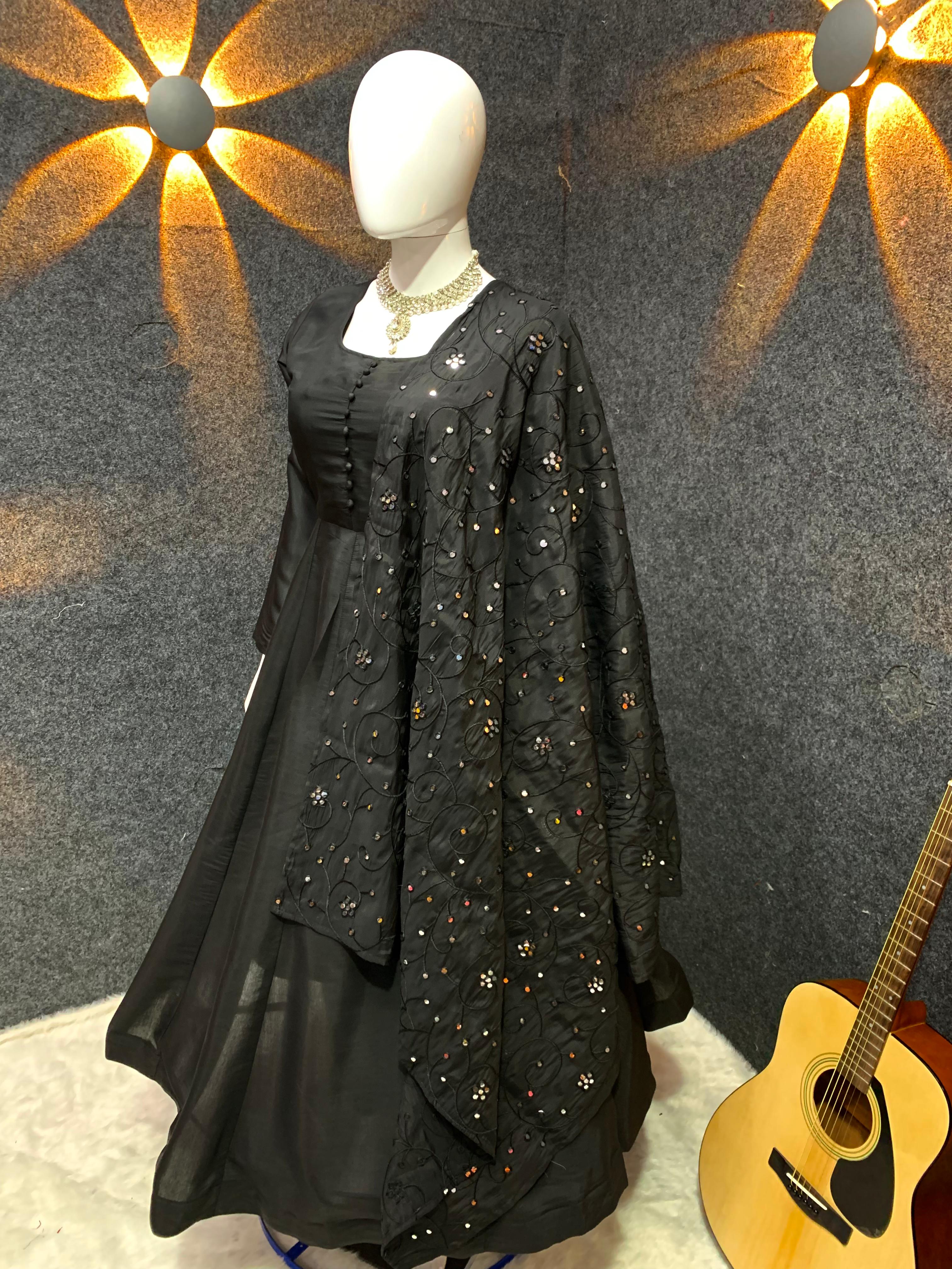 Shining Black Plain Long Gown With Work Dupatta