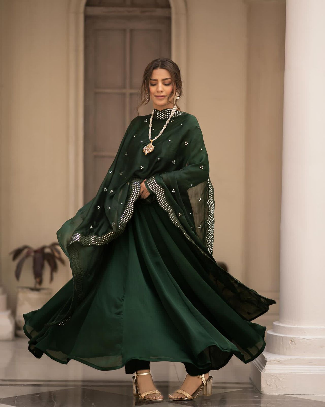 Festive Wear Green Color Gown WIth Heavy Dupatta