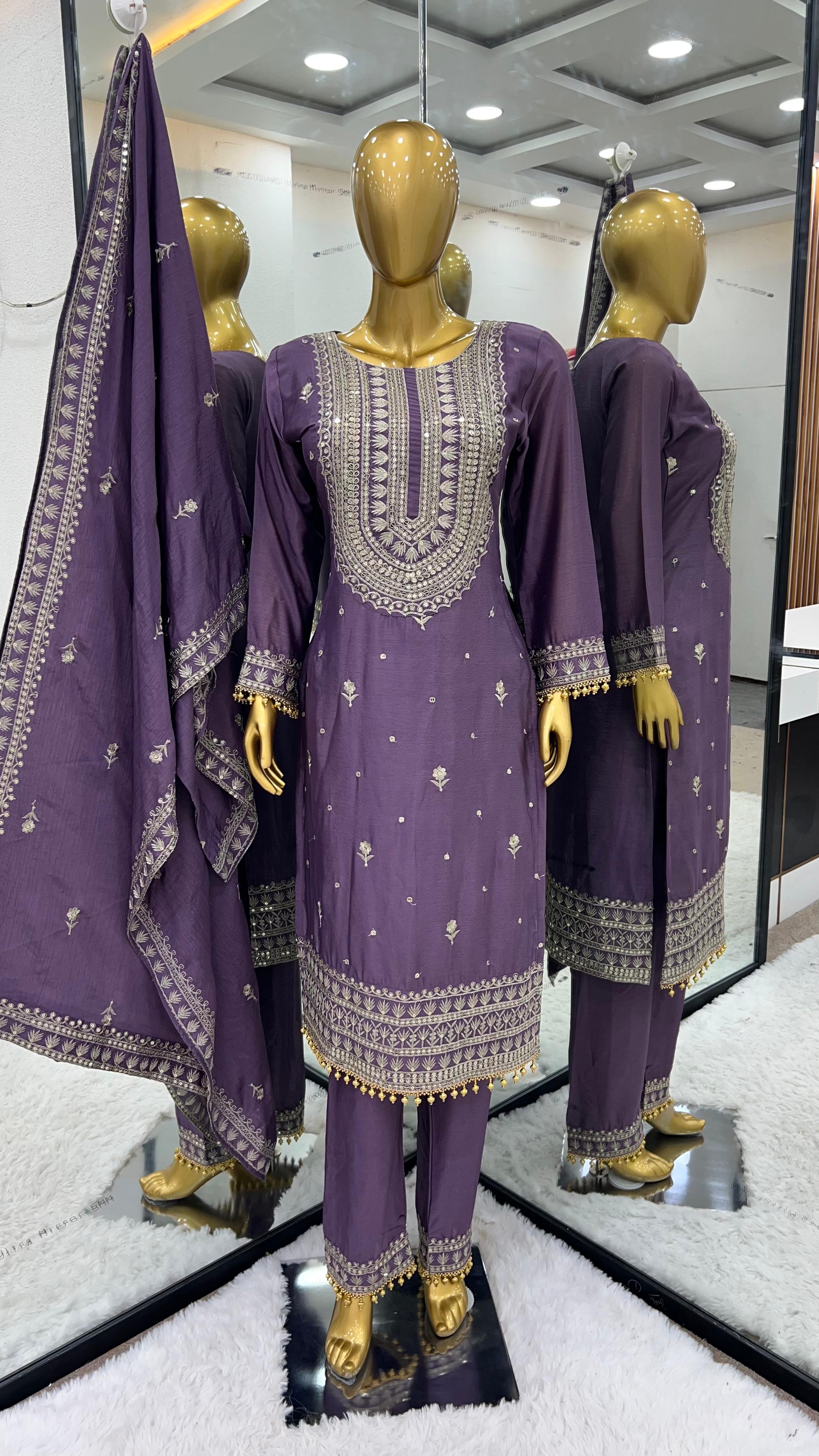 Superb Purple Color Chinnon Silk Embroidery Salwar Suit