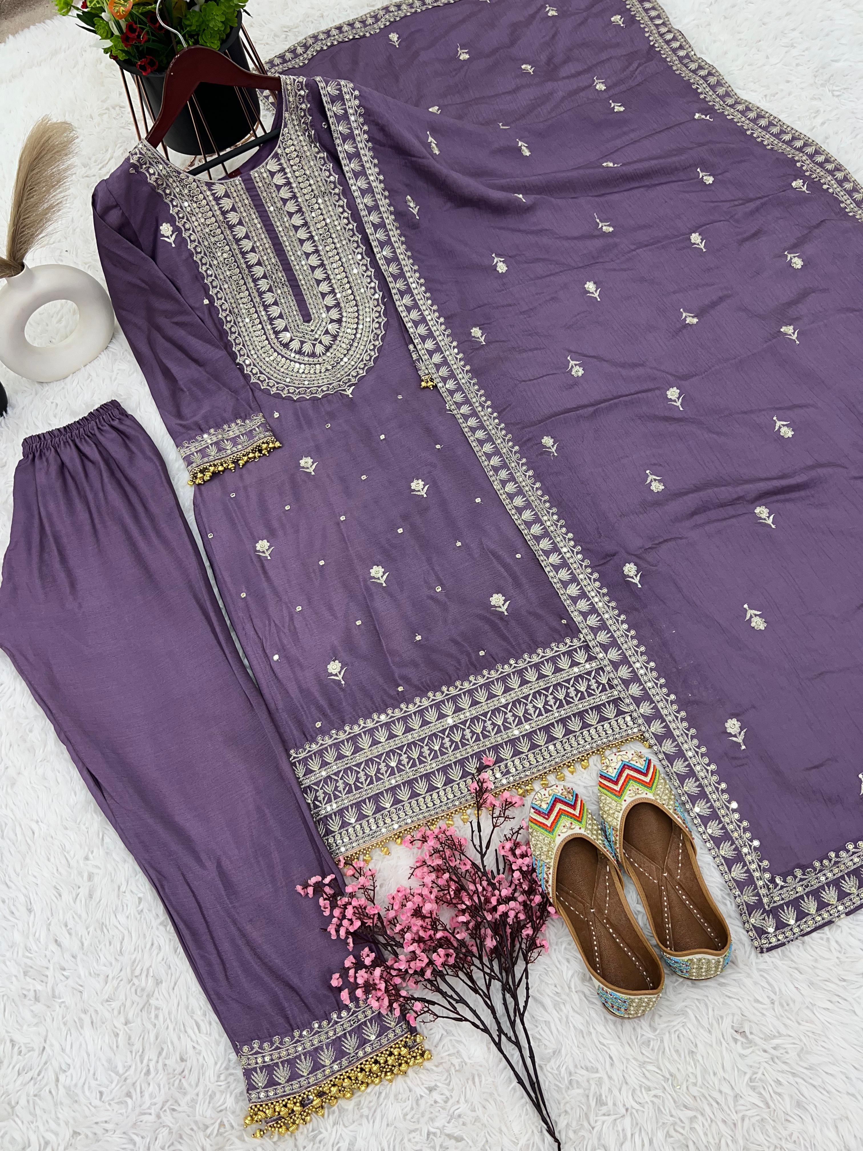 Superb Purple Color Chinnon Silk Embroidery Salwar Suit