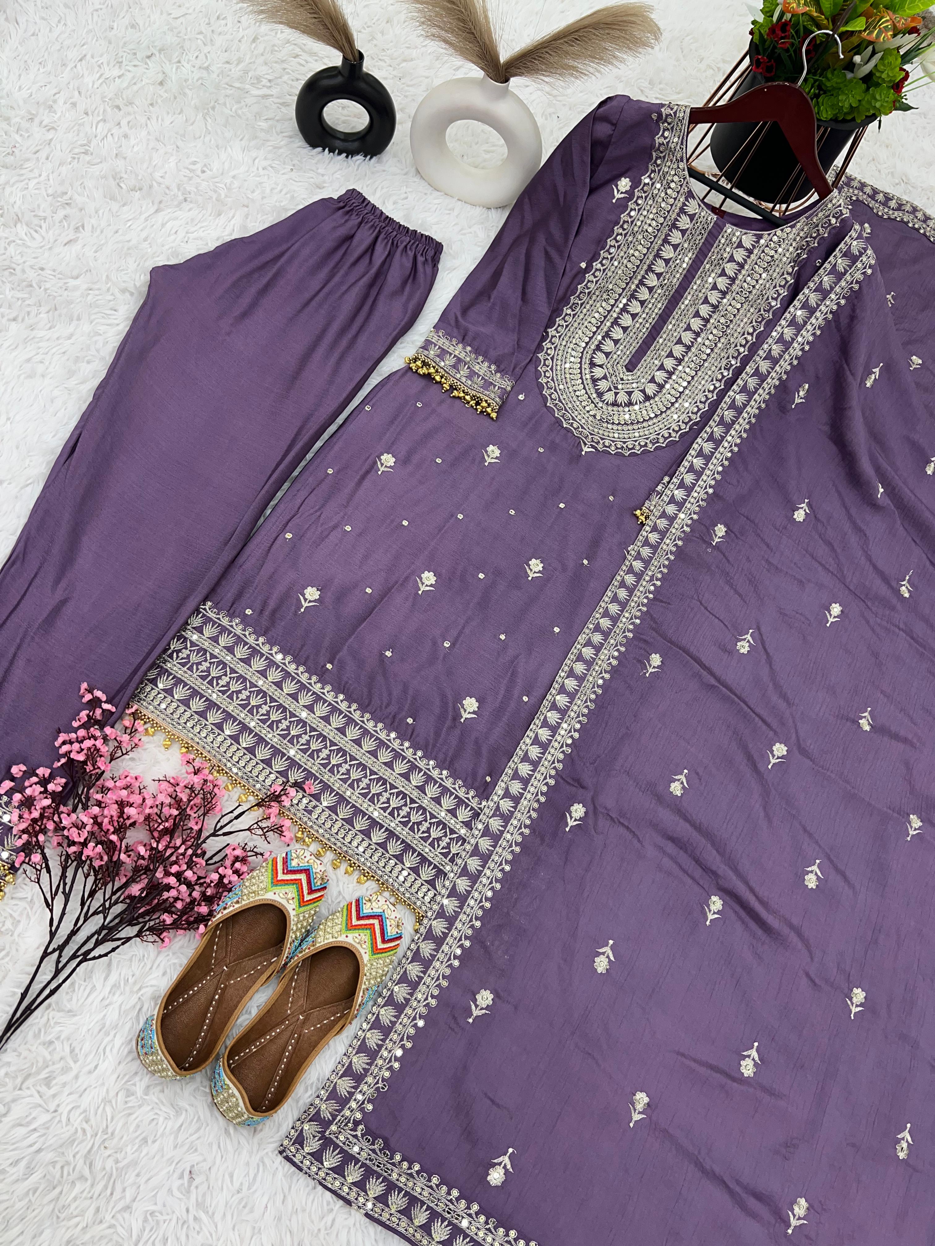 Superb Purple Color Chinnon Silk Embroidery Salwar Suit