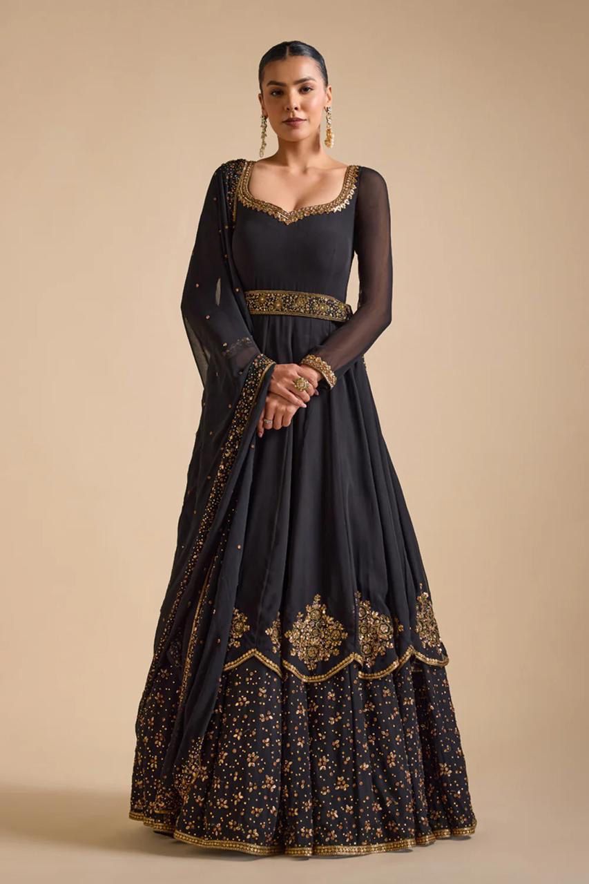 Stunning Black Color Thread Work Gown With Dupatta