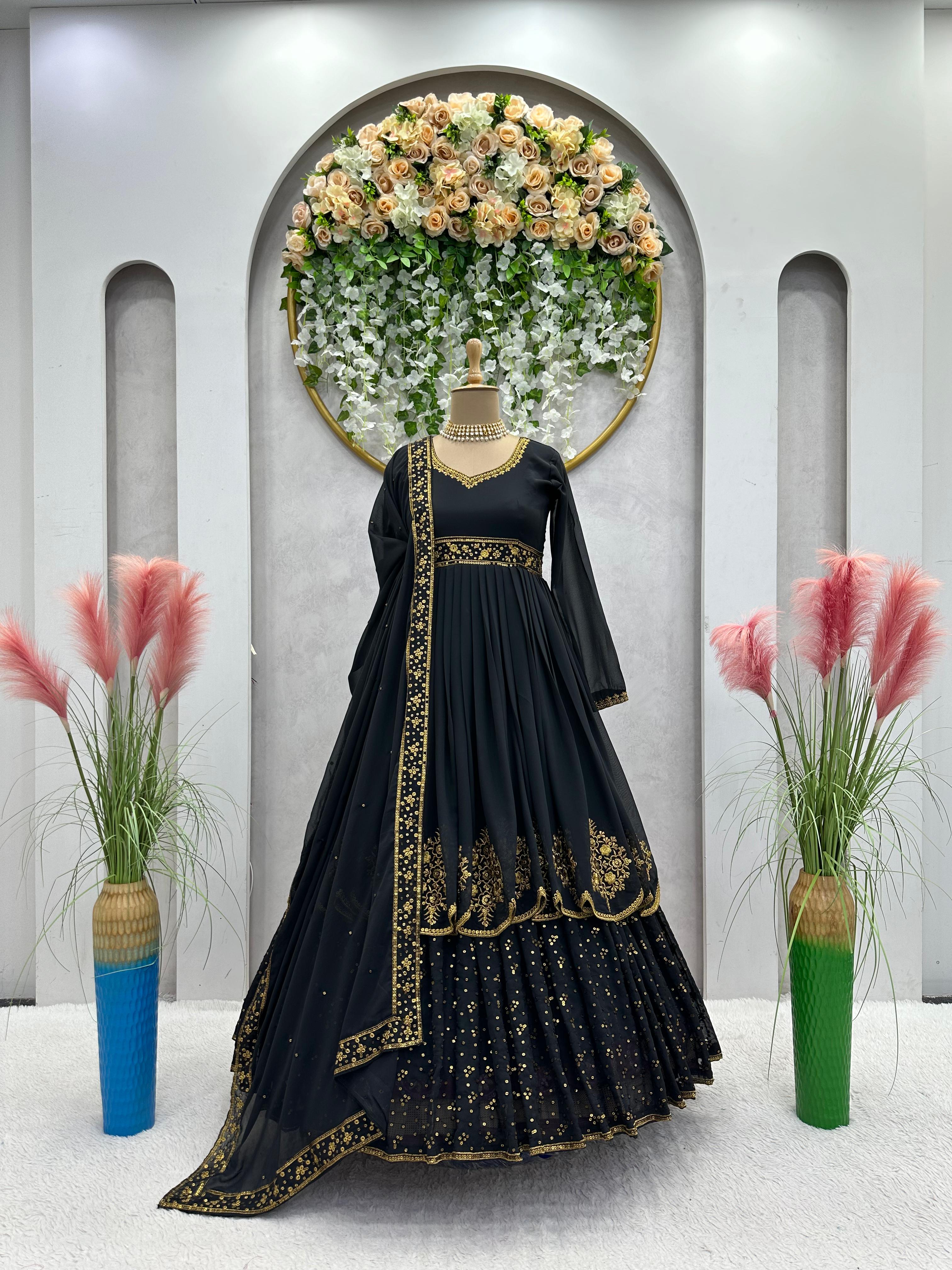 Stunning Black Color Thread Work Gown With Dupatta