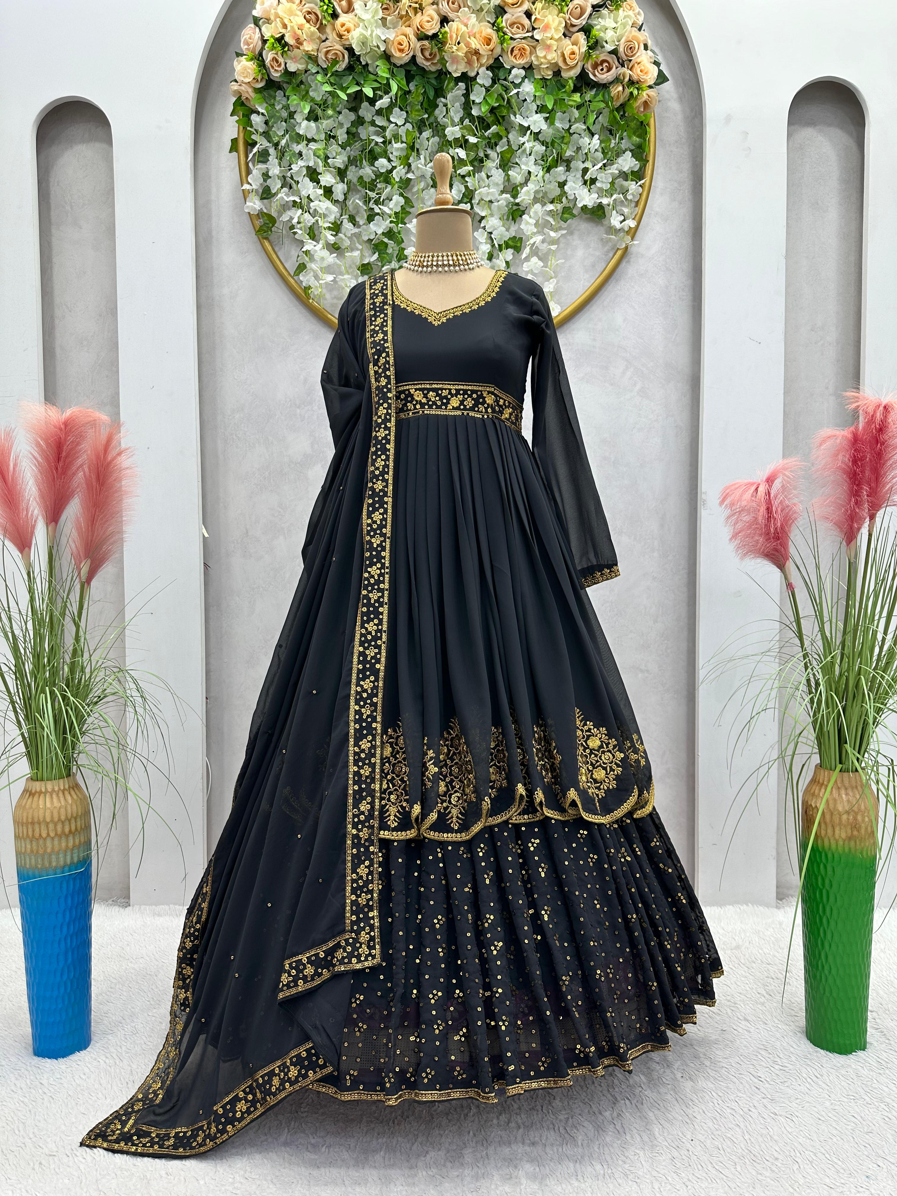 Stunning Black Color Thread Work Gown With Dupatta