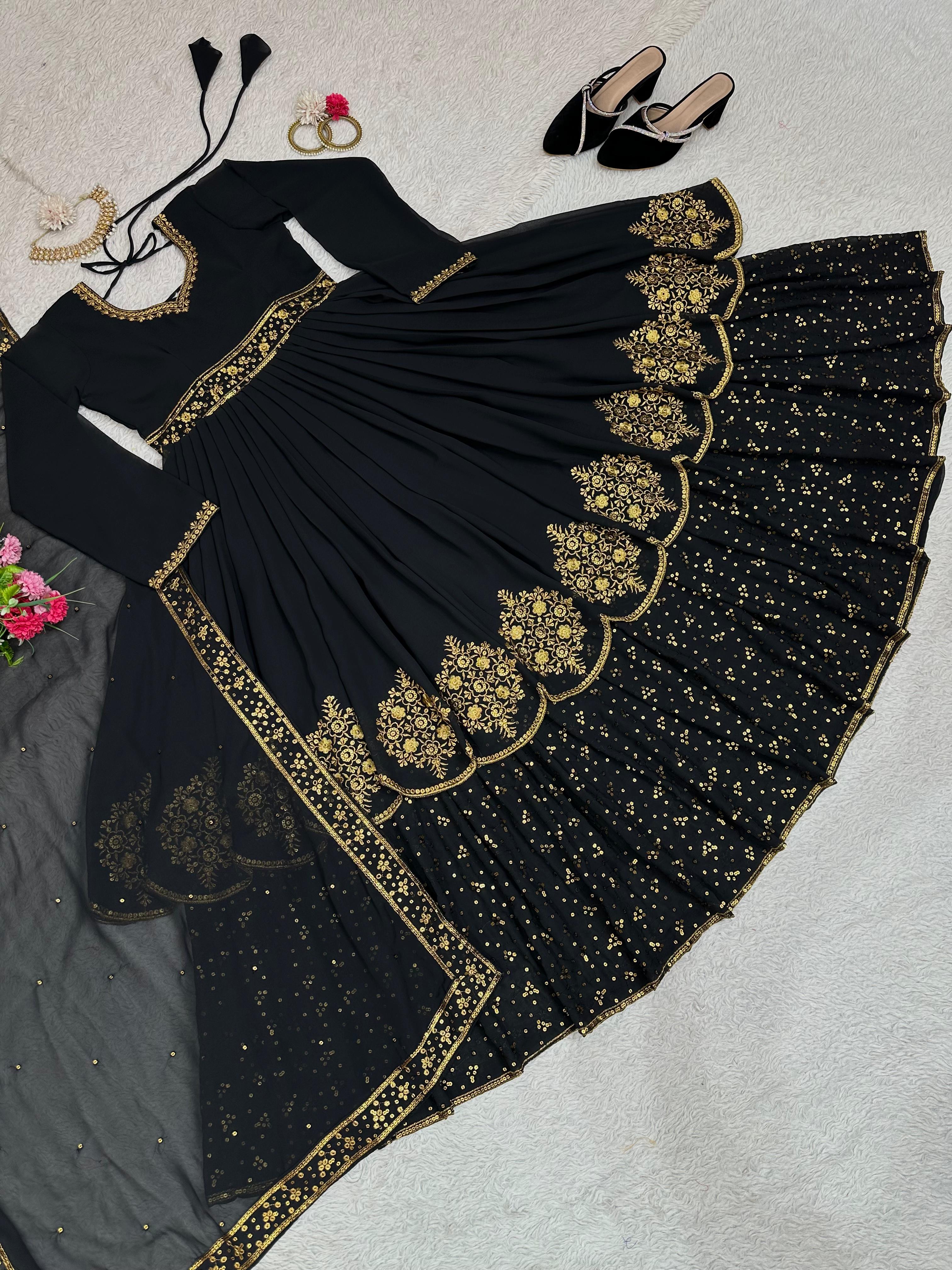 Stunning Black Color Thread Work Gown With Dupatta