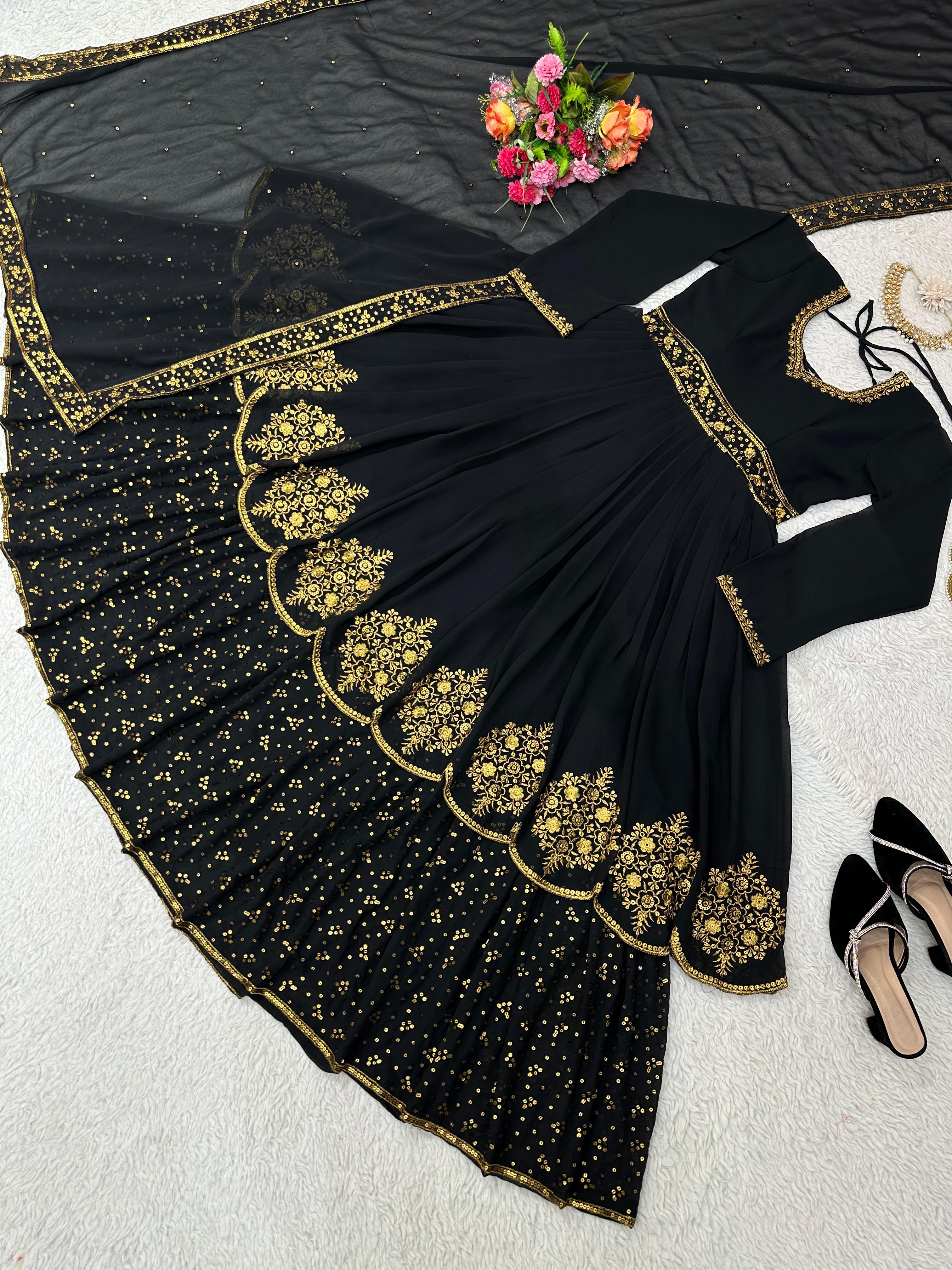 Stunning Black Color Thread Work Gown With Dupatta