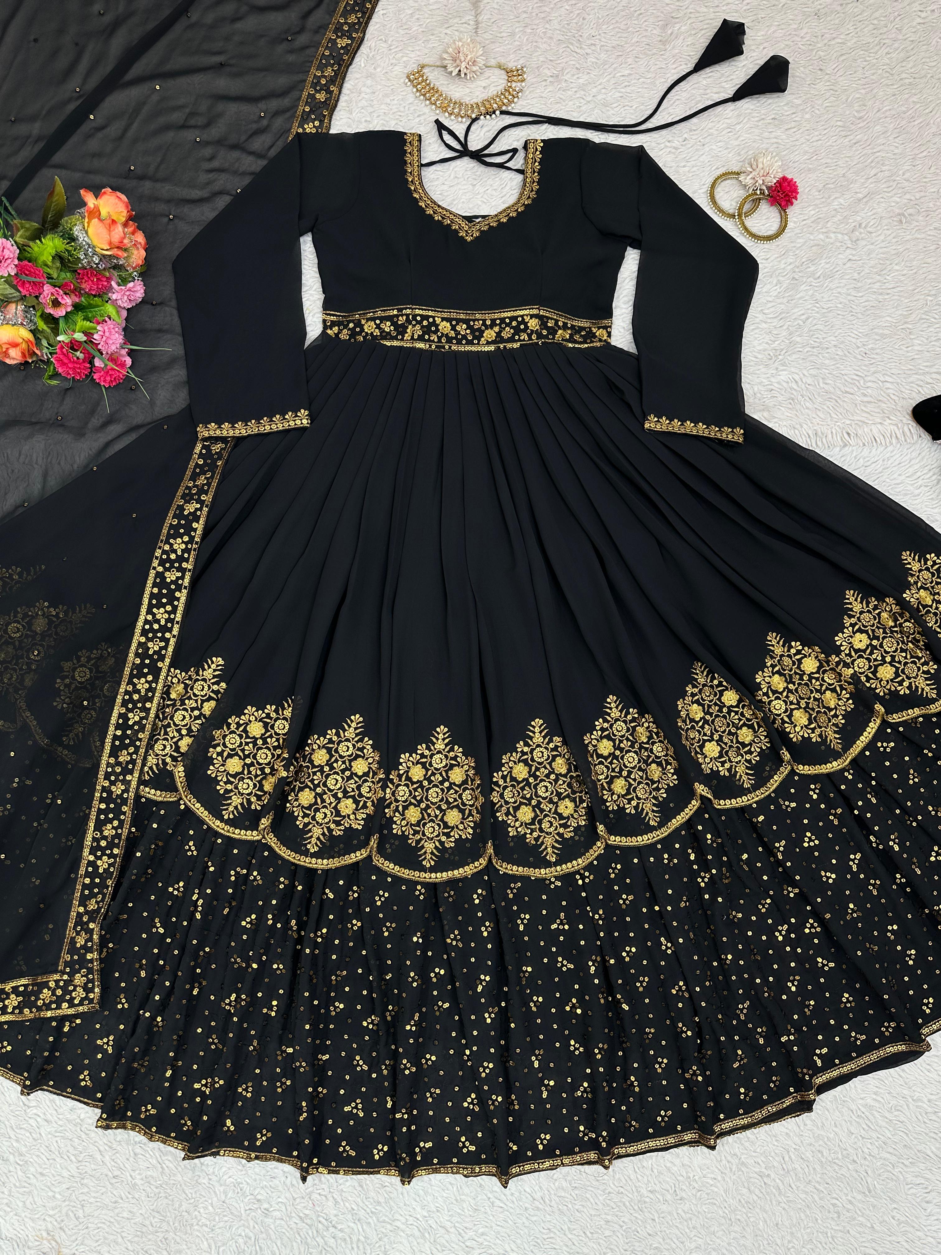 Stunning Black Color Thread Work Gown With Dupatta