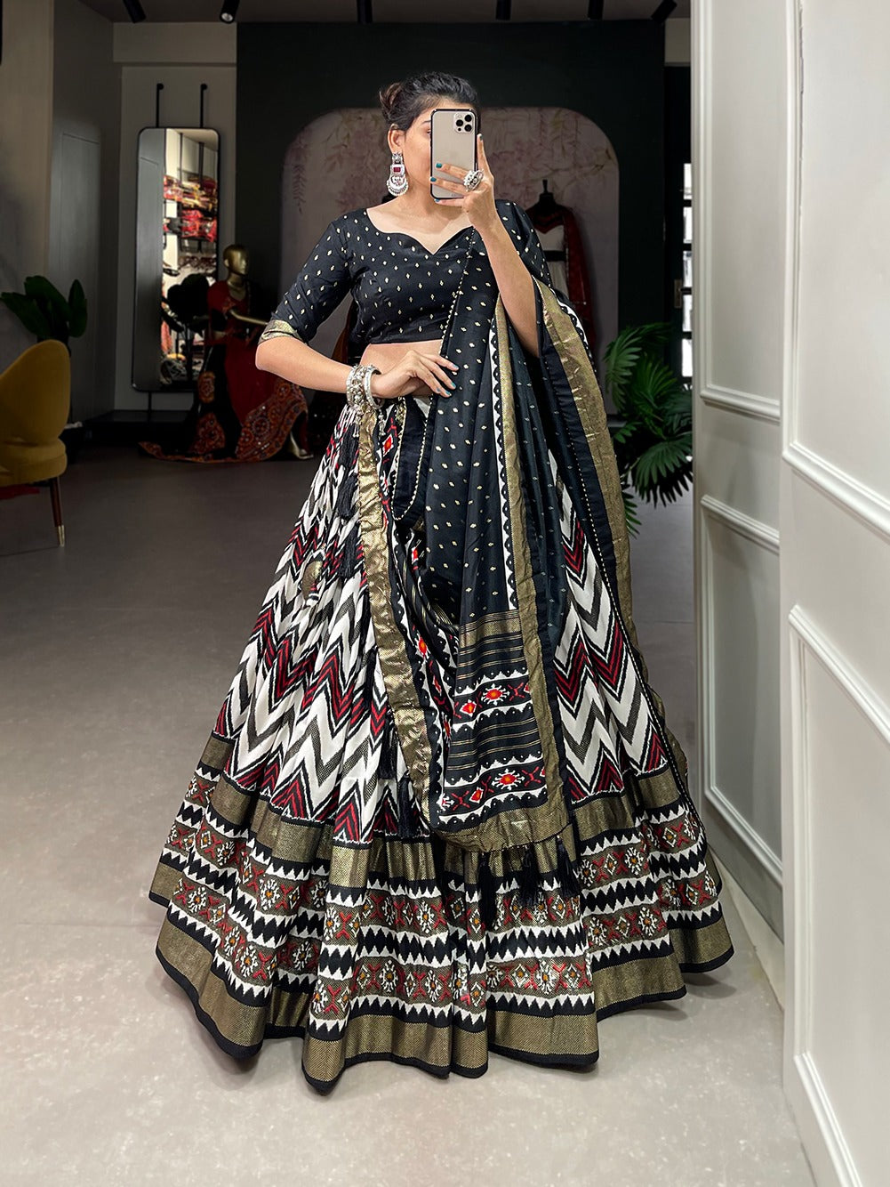 Leheriya With Foil Print Black Color Festive Wear Lehenga Choli