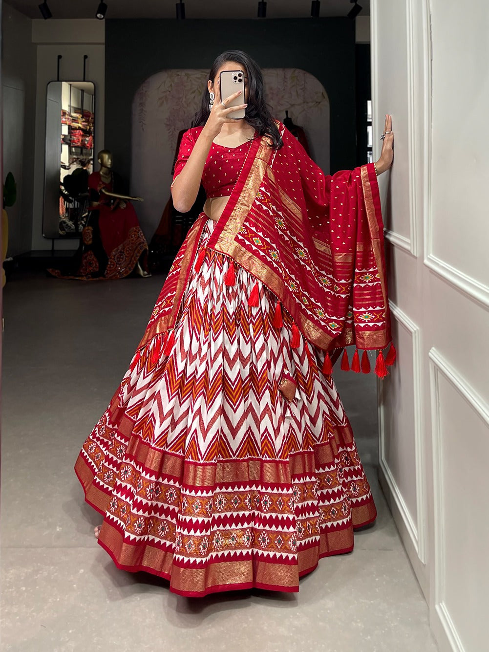 Leheriya With Foil Print Red Color Festive Wear Lehenga Choli