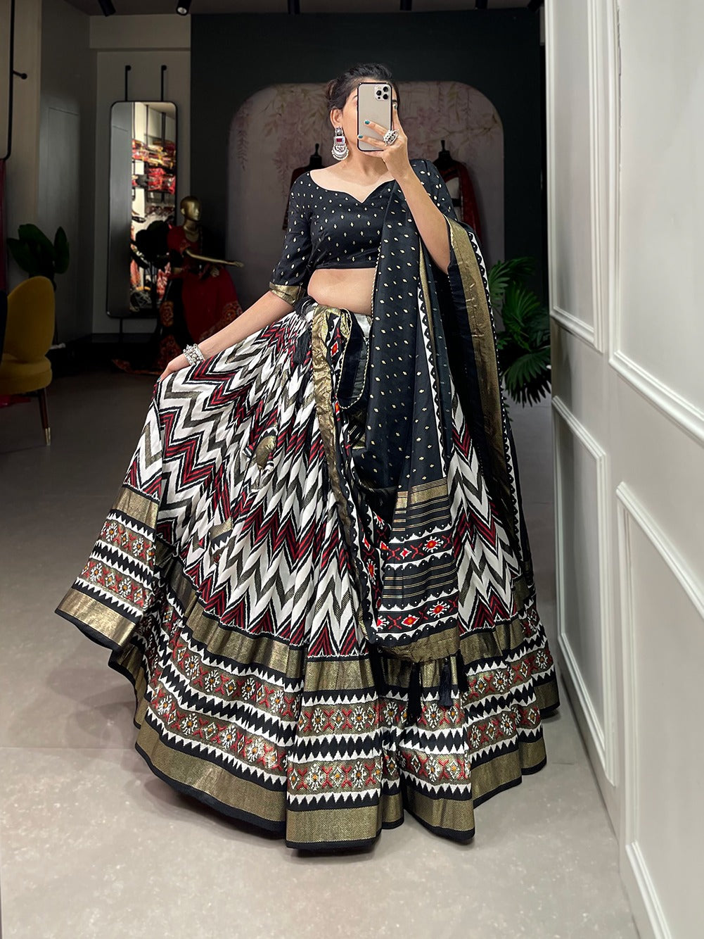 Leheriya With Foil Print Black Color Festive Wear Lehenga Choli