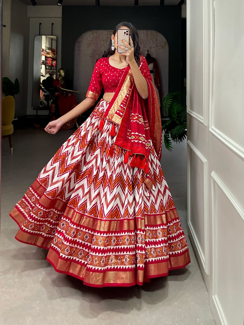 Leheriya With Foil Print Red Color Festive Wear Lehenga Choli