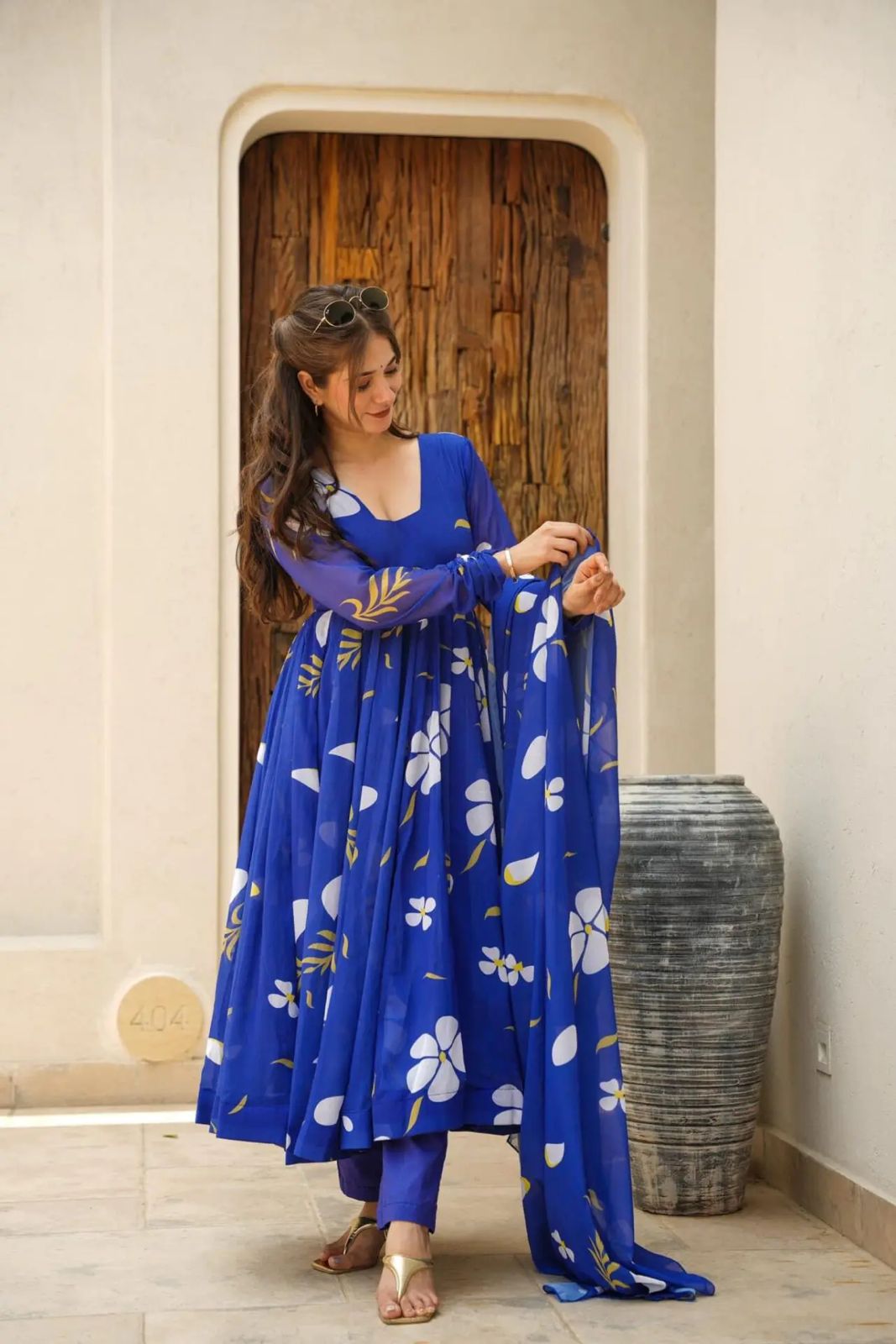 Casual Wear Digital Print Blue Color Anarkali Gown