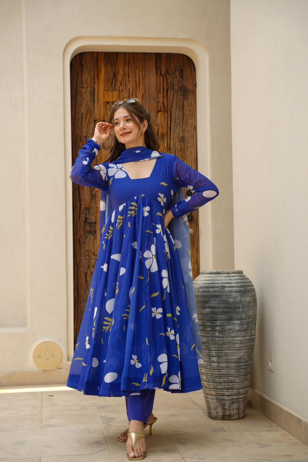 Casual Wear Digital Print Blue Color Anarkali Gown