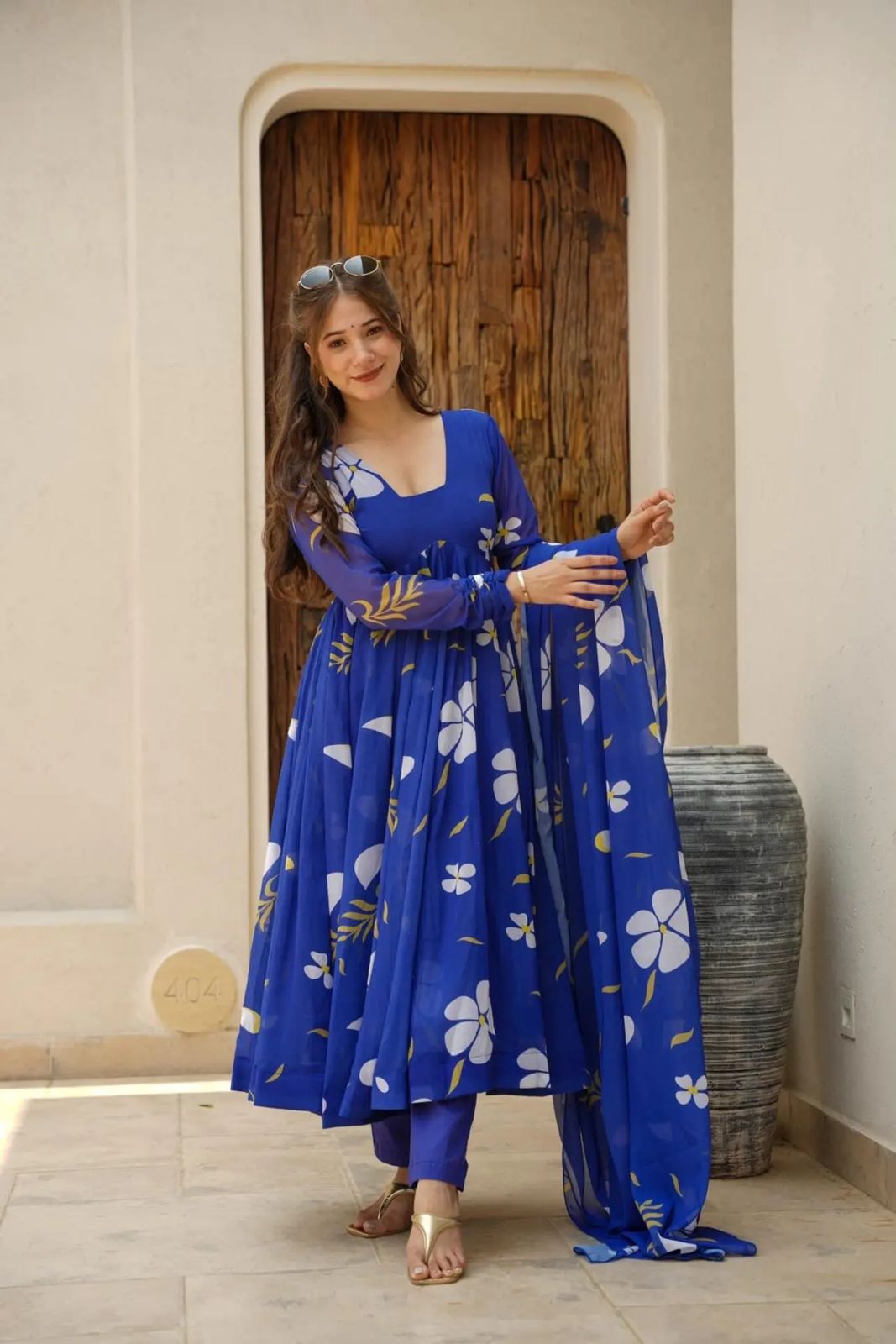 Casual Wear Digital Print Blue Color Anarkali Gown