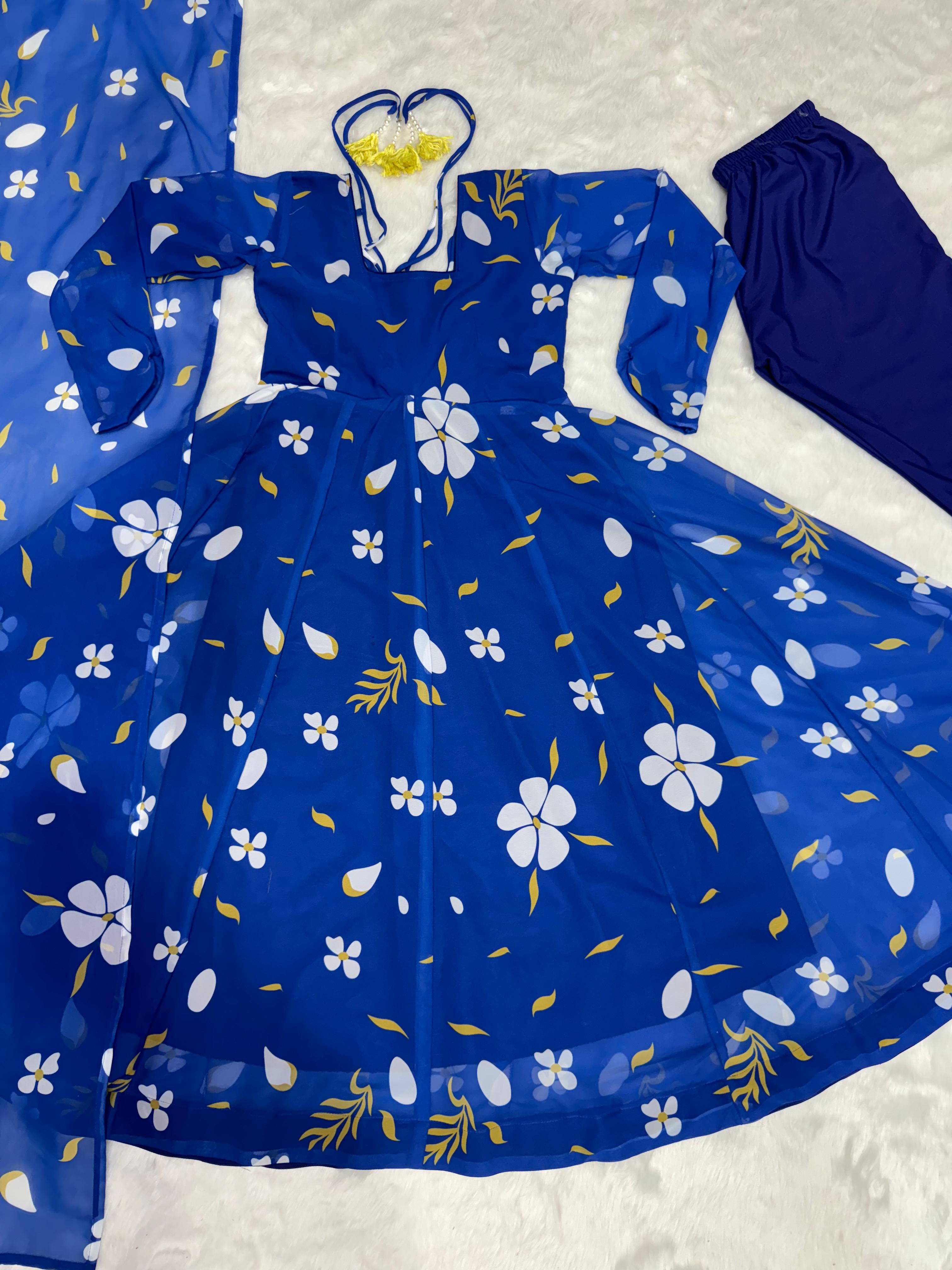 Casual Wear Digital Print Blue Color Anarkali Gown