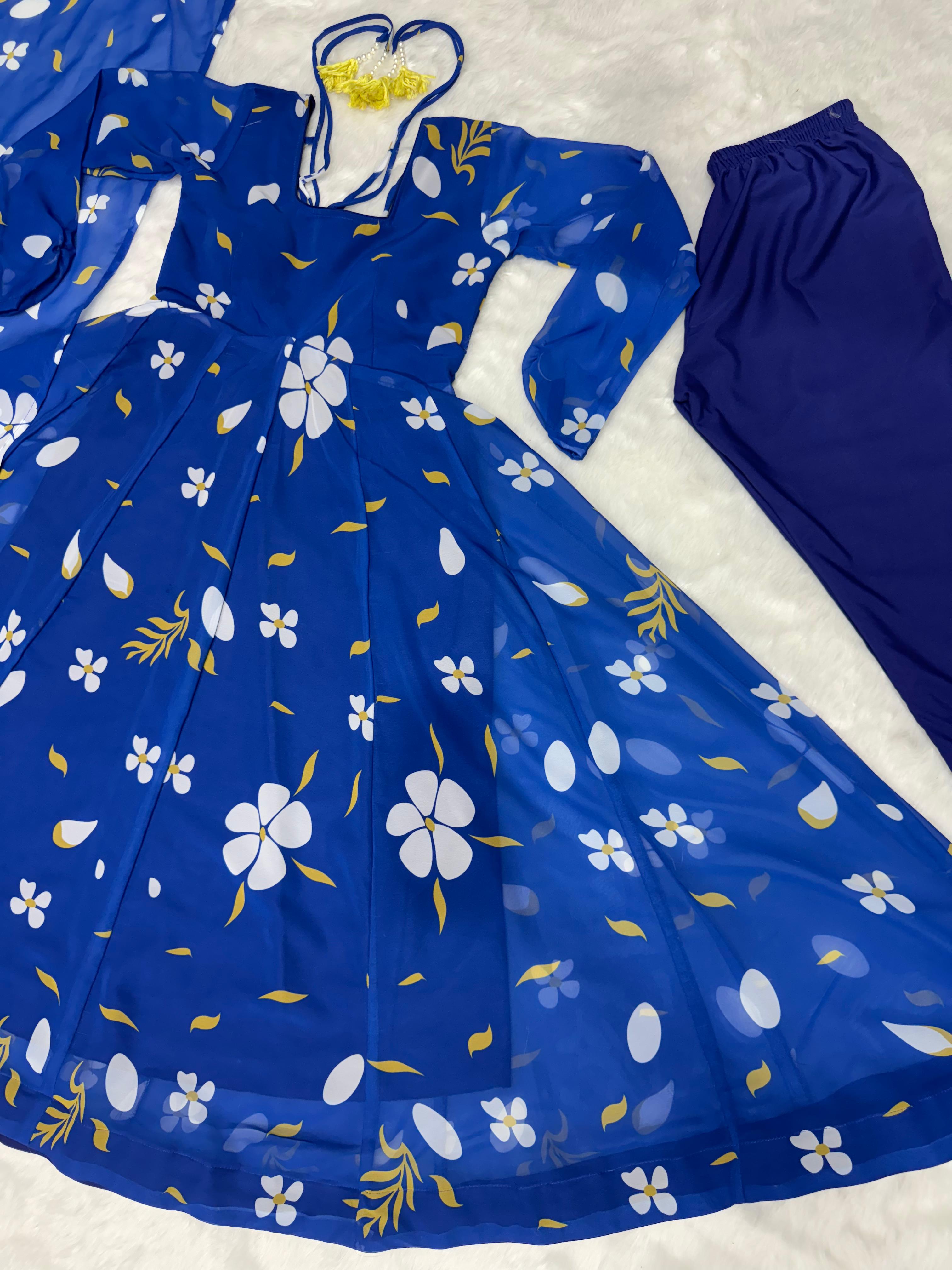 Casual Wear Digital Print Blue Color Anarkali Gown