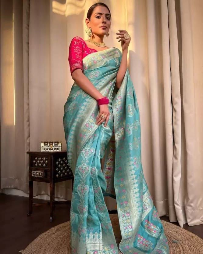 Wedding Wear Jacquard Work Sky Blue Lichi Silk Saree