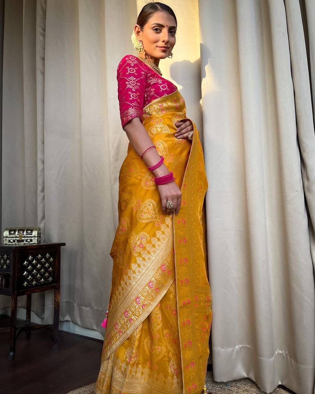 Wedding Wear Jacquard Work Mustard Lichi Silk Saree