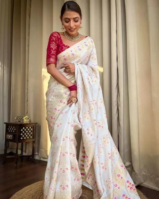 Wedding Wear Jacquard Work White Lichi Silk Saree