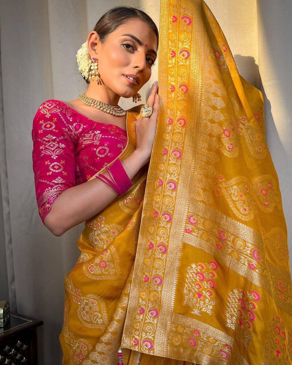 Wedding Wear Jacquard Work Mustard Lichi Silk Saree