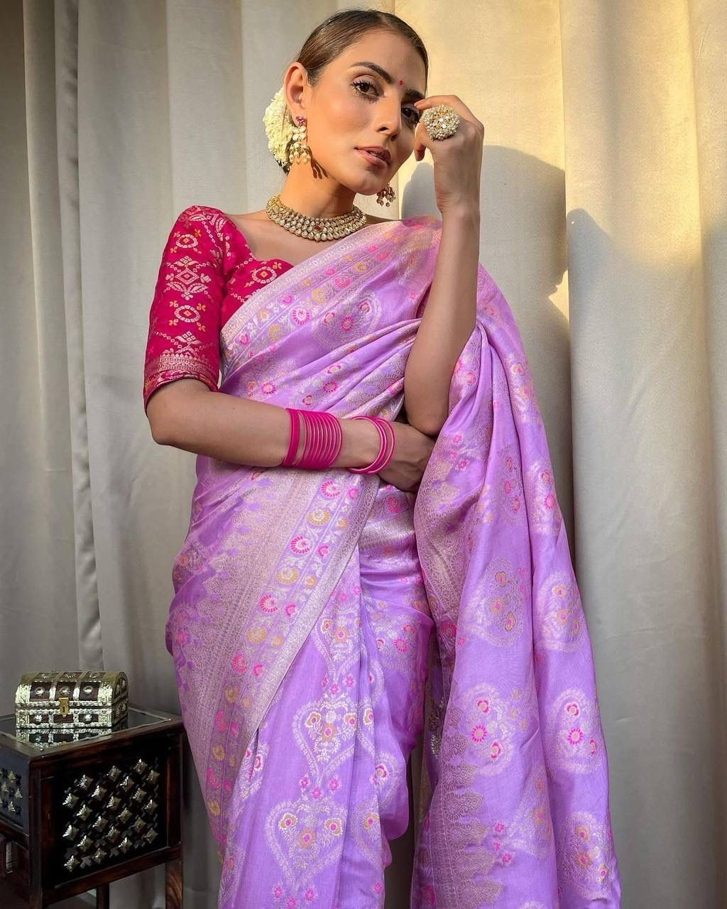 Wedding Wear Lavender Work White Lichi Silk Saree