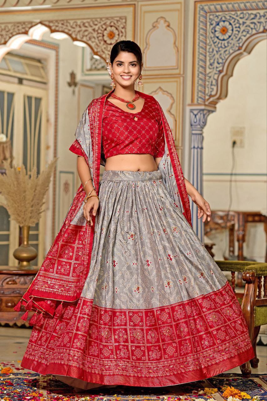 Mesmerizing Tussar Silk Grey And Red Color Lehenga Choli