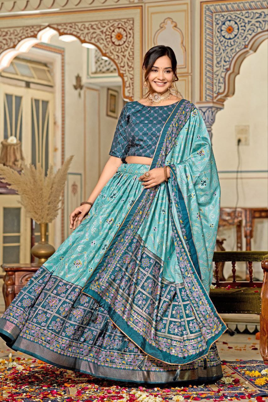 Mesmerizing Tussar Silk Sky Color Lehenga Choli