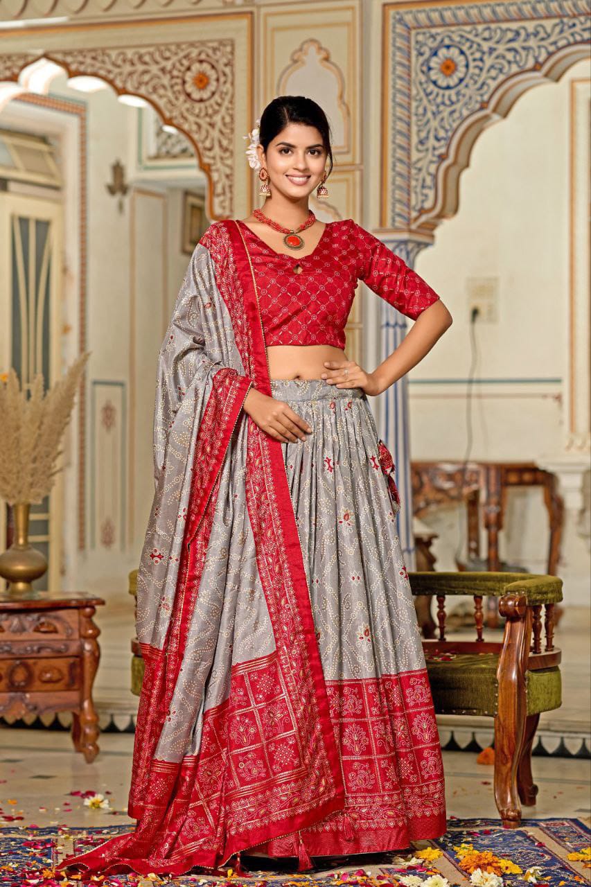 Mesmerizing Tussar Silk Grey And Red Color Lehenga Choli