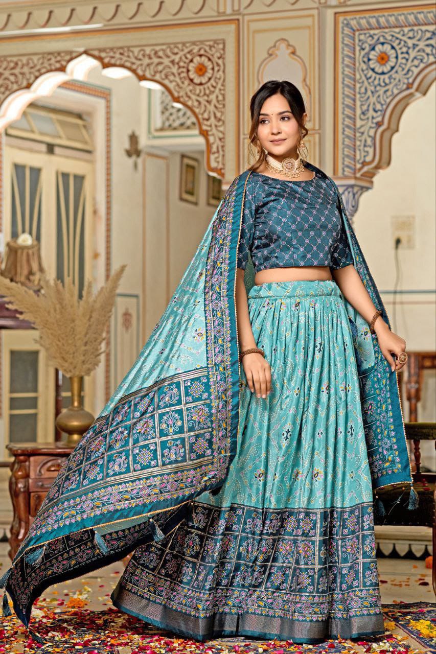 Mesmerizing Tussar Silk Sky Color Lehenga Choli