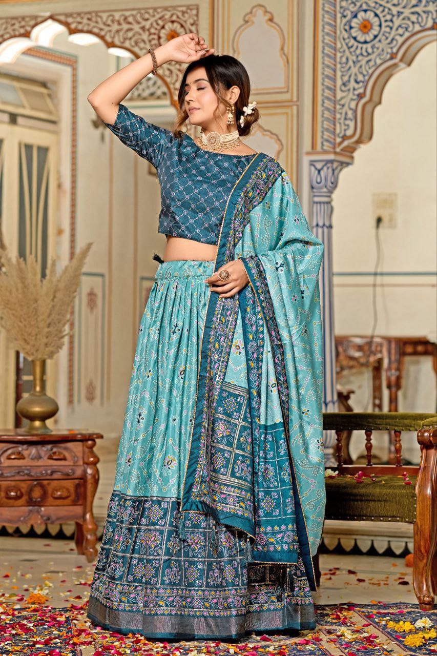 Mesmerizing Tussar Silk Sky Color Lehenga Choli