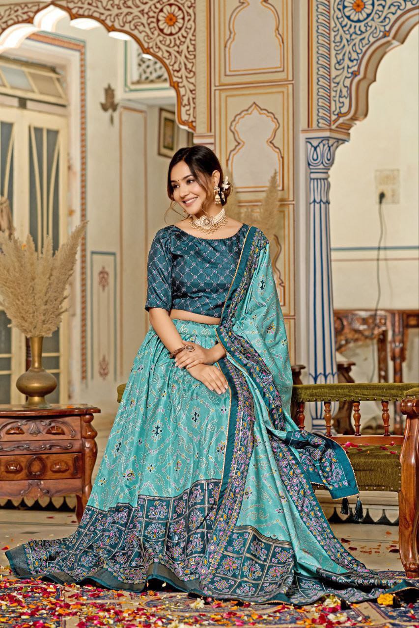 Mesmerizing Tussar Silk Sky Color Lehenga Choli