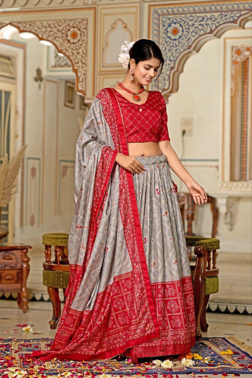 Mesmerizing Tussar Silk Grey And Red Color Lehenga Choli