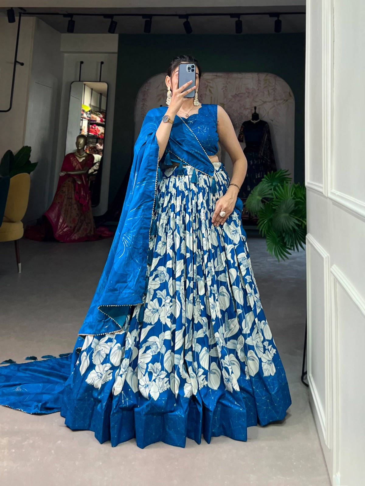 Flower Print Royal Blue Color Function Wear Lehenga Choli