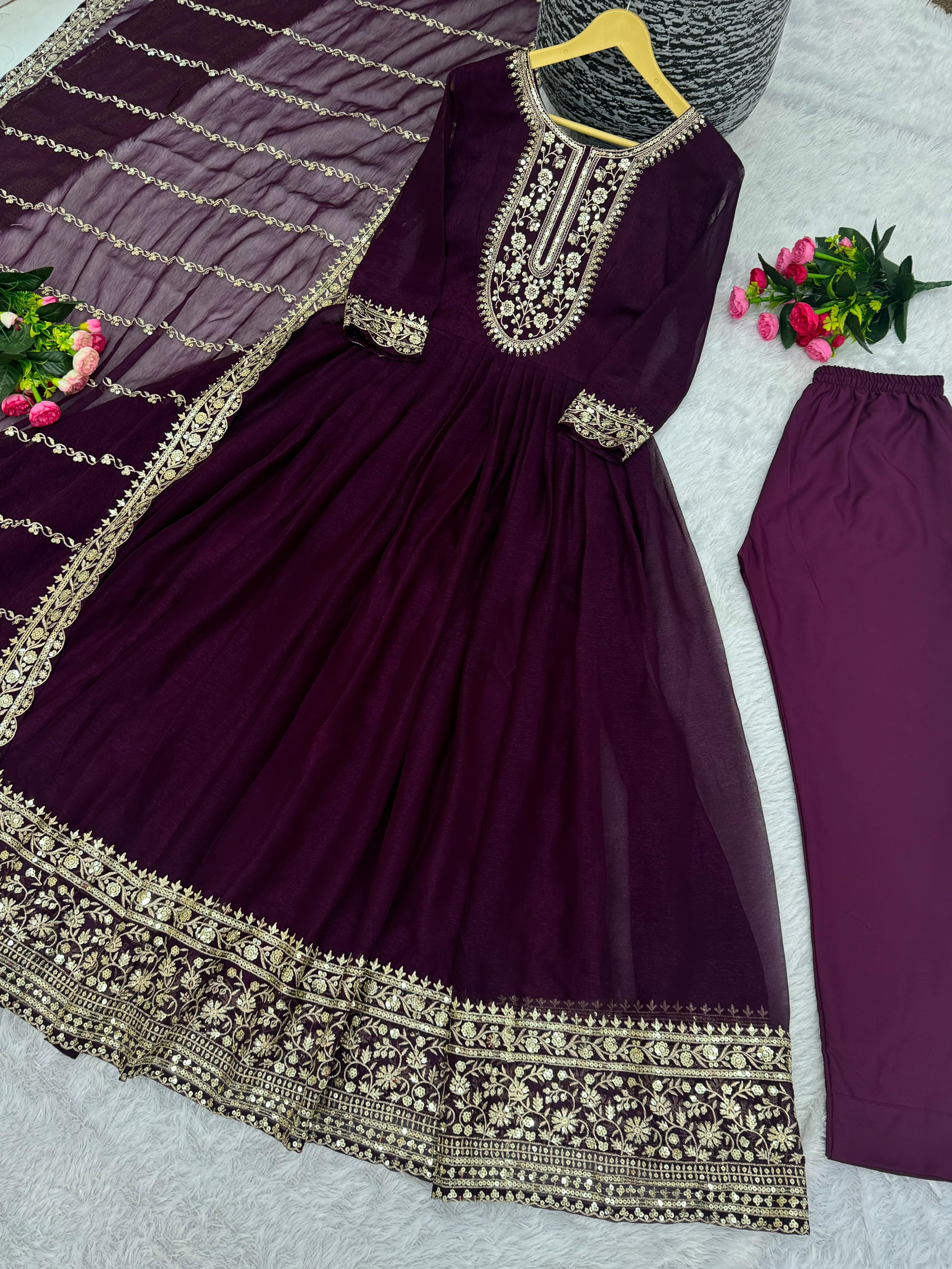 Beautiful Look Sequence Work Wine Long Anarkali Gown