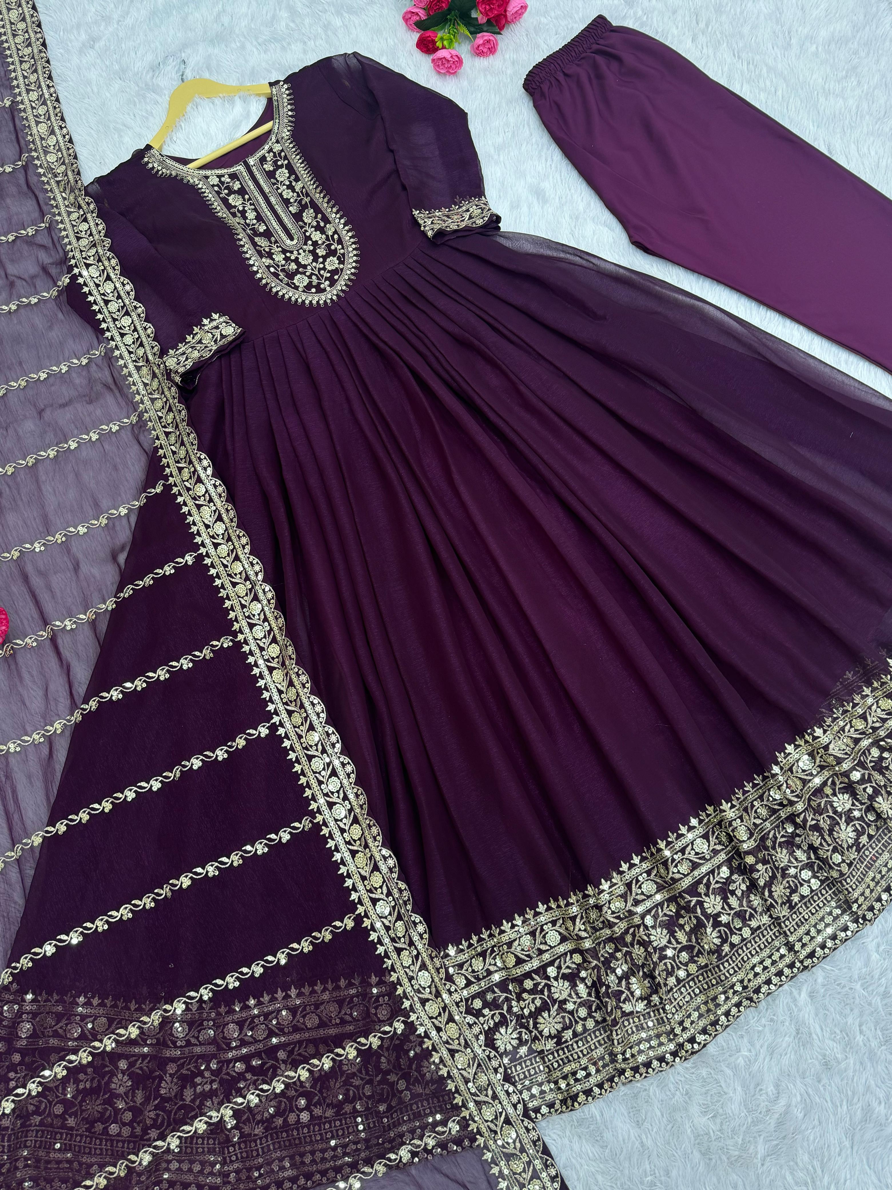 Beautiful Look Sequence Work Wine Long Anarkali Gown